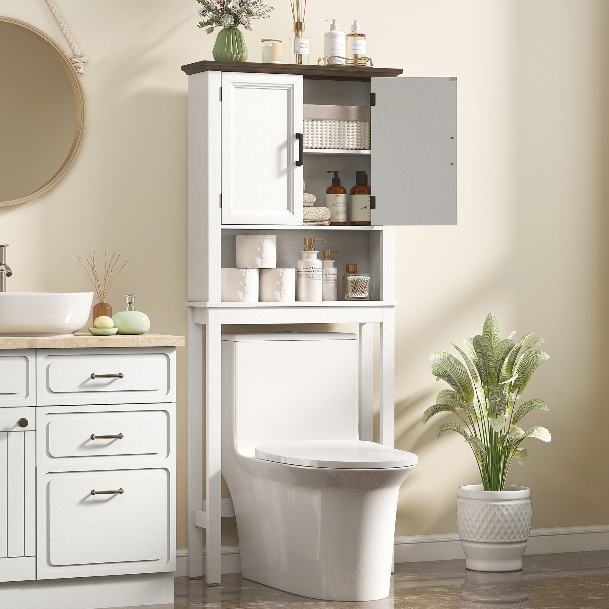 HOMCOM Over The Toilet Storage, Bathroom Cabinet Over Toilet with Open Shelf and Adjustable Bottom Bar, White Aosom Canada