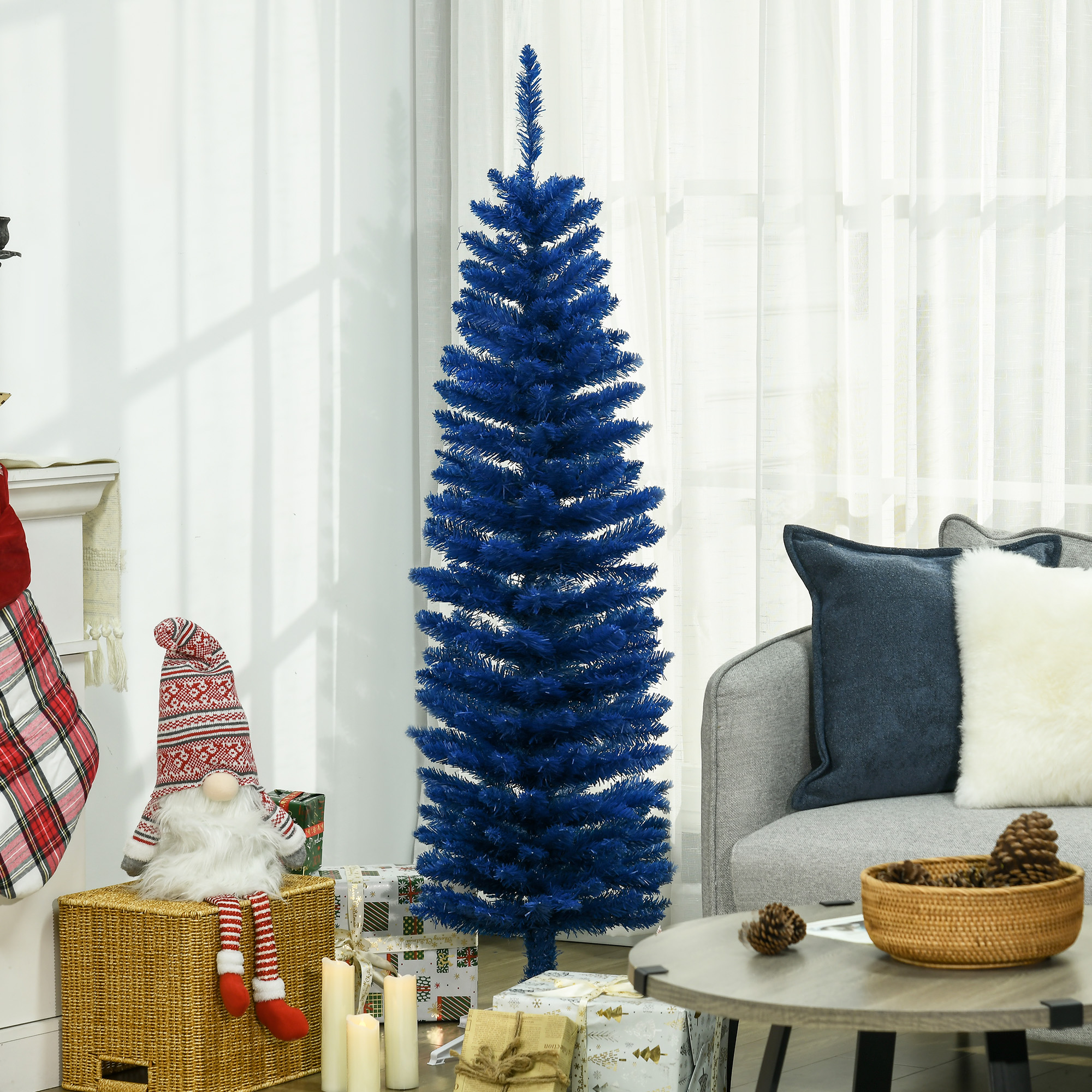 HOMCOM 5ft Deep Blue Slim Pencil Christmas Tree Artificial Holiday Decor Xmas Space-Saving Narrow Design Aosom Canada