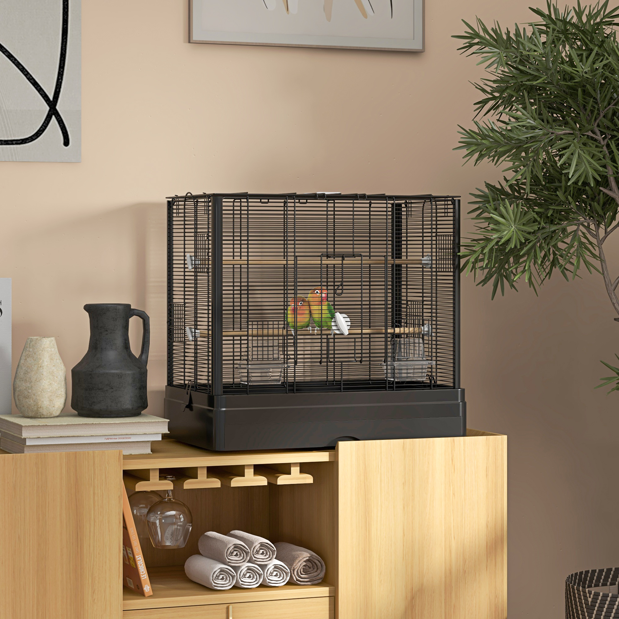 PawHut 22" Bird Cage for Budgie Finches Canaries Love Birds with Wooden Stands Slide-Out Tray Handles Food Containers Black Aosom Canada