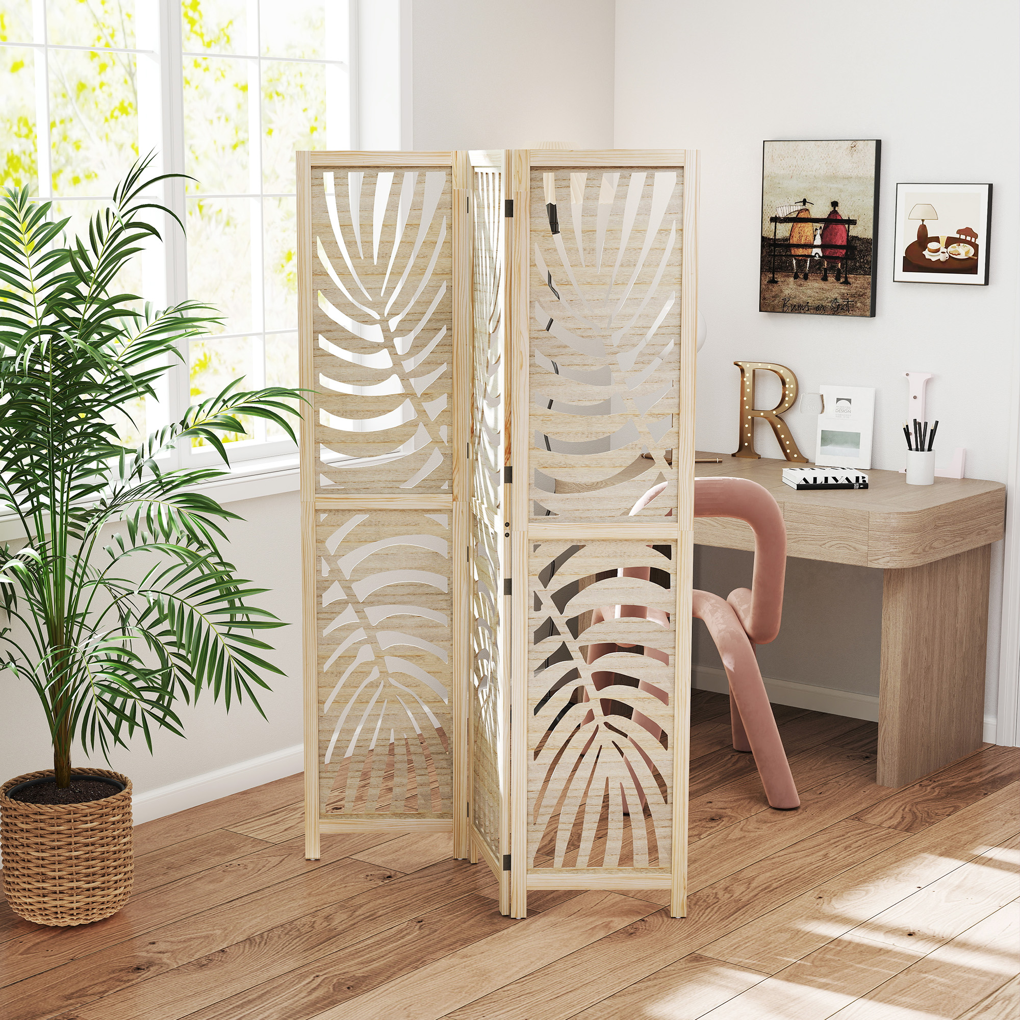 HOMCOM 3 Panel Room Divider, Detachable Folding Privacy Screens with Palm Leaf Design for Home Office, Natural Wood Finish Aosom Canada