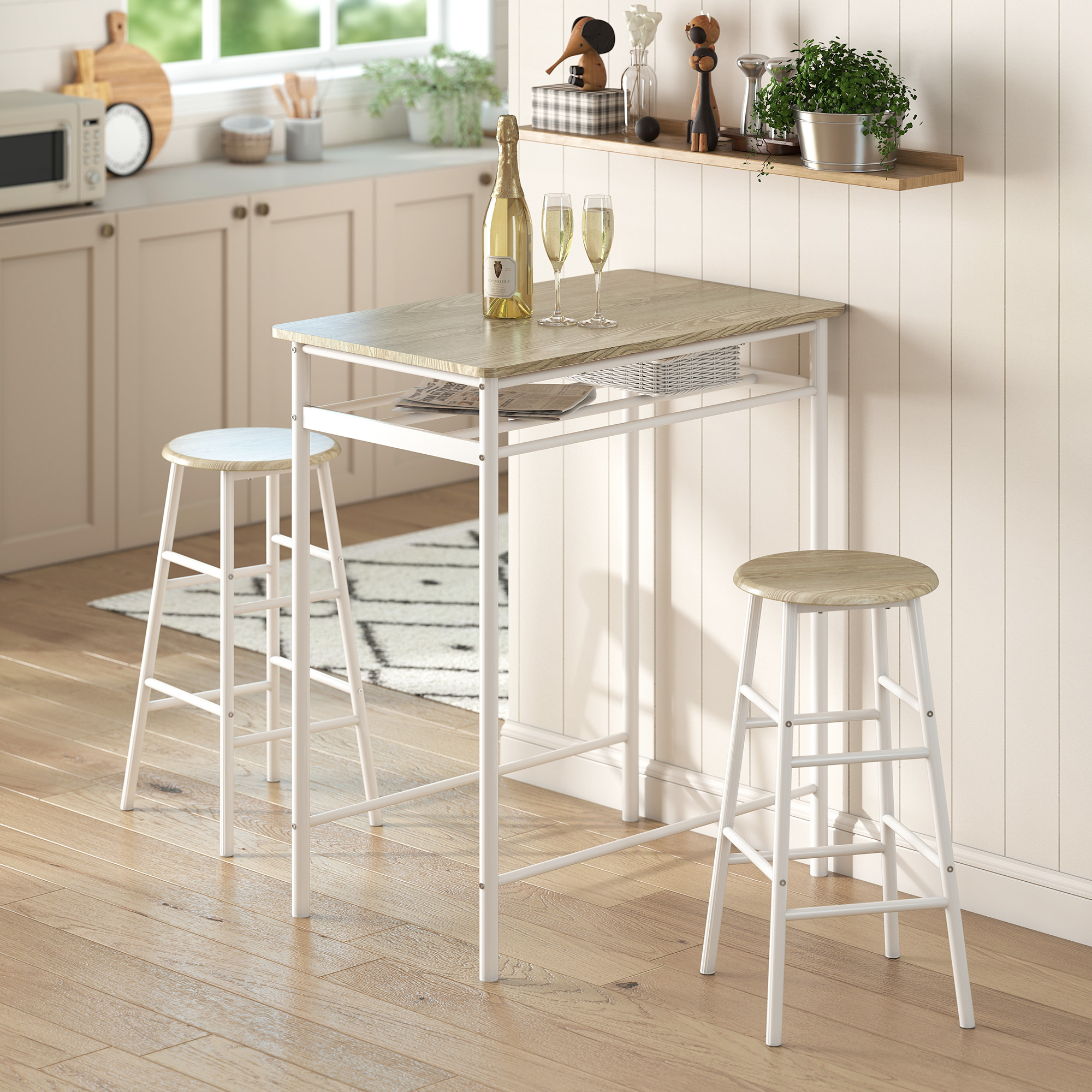 HOMCOM Counter Height Dining Set 3 Piece White Oak with Storage Shelf Metal Frame Footrest 1 Table 2 Stools for Kitchen Aosom Canada