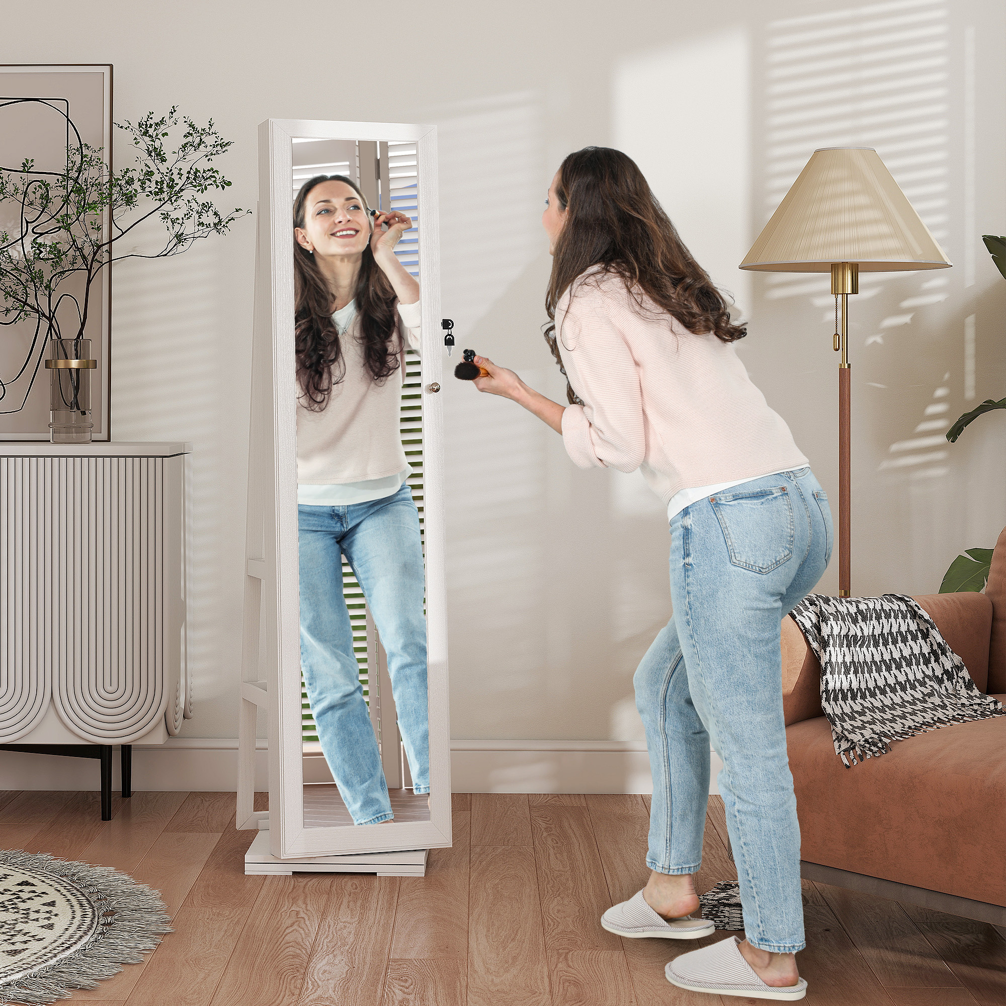 HOMCOM 360 Swivel Jewellery Cabinet with Full Length Mirror Lockable Organizer White Aosom Canada