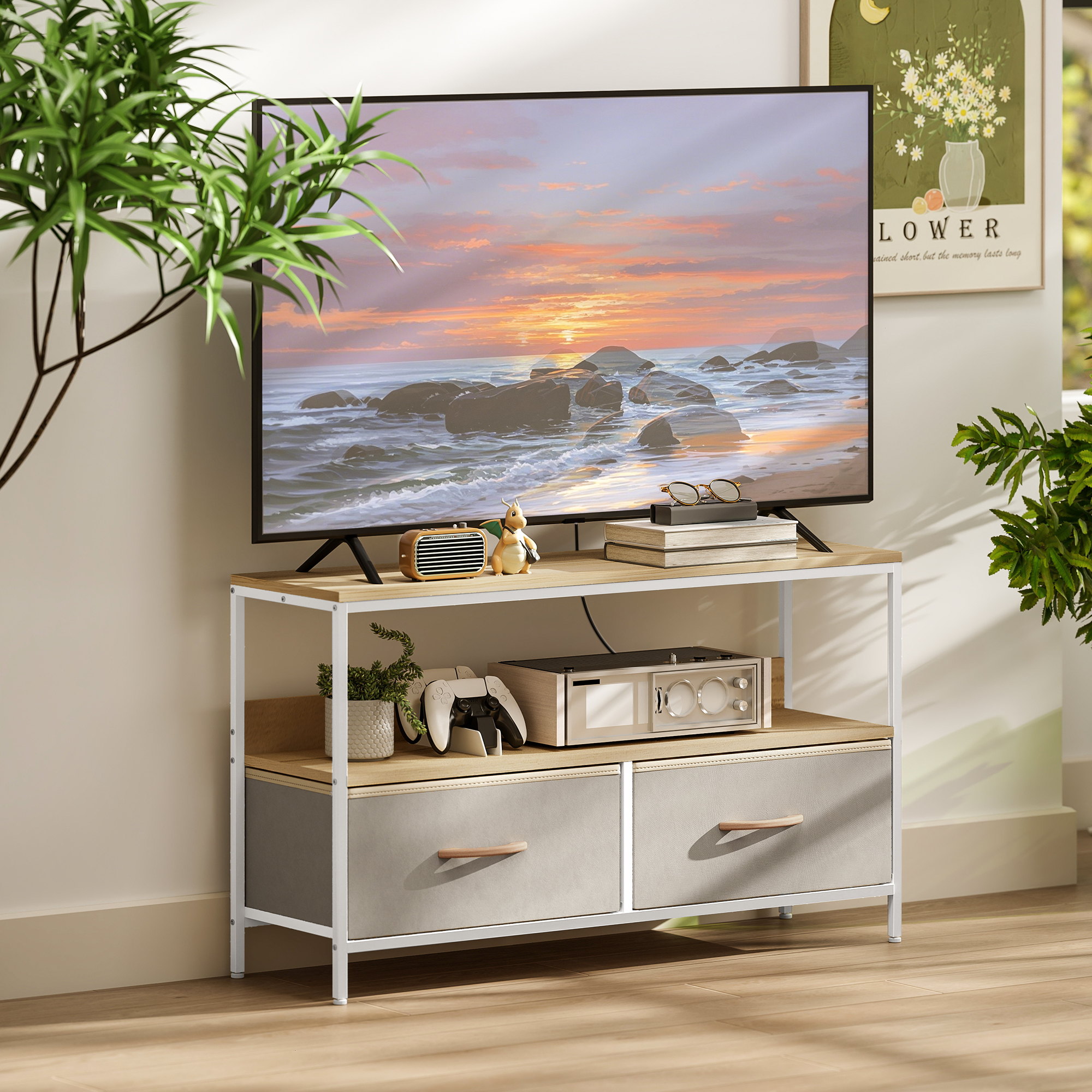 HOMCOM TV Stand with Charging Station, TV Table with 2 Foldable Linen Drawers and Open Shelf for 47 Inch TV, Oak Aosom Canada