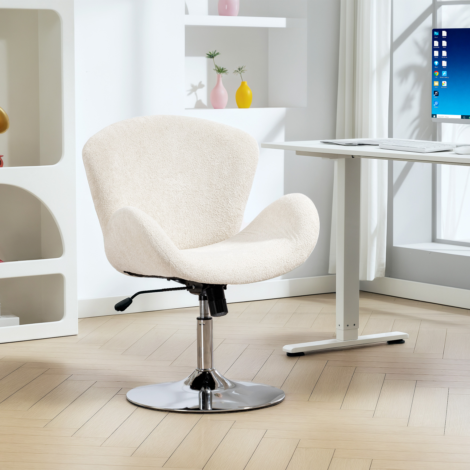 HOMCOM Swivel Office Chair, Velvet Desk Chair with Wide Bucket Seat, Butterfly Back, Tilt Function and Round Base, Cream White Aosom Canada