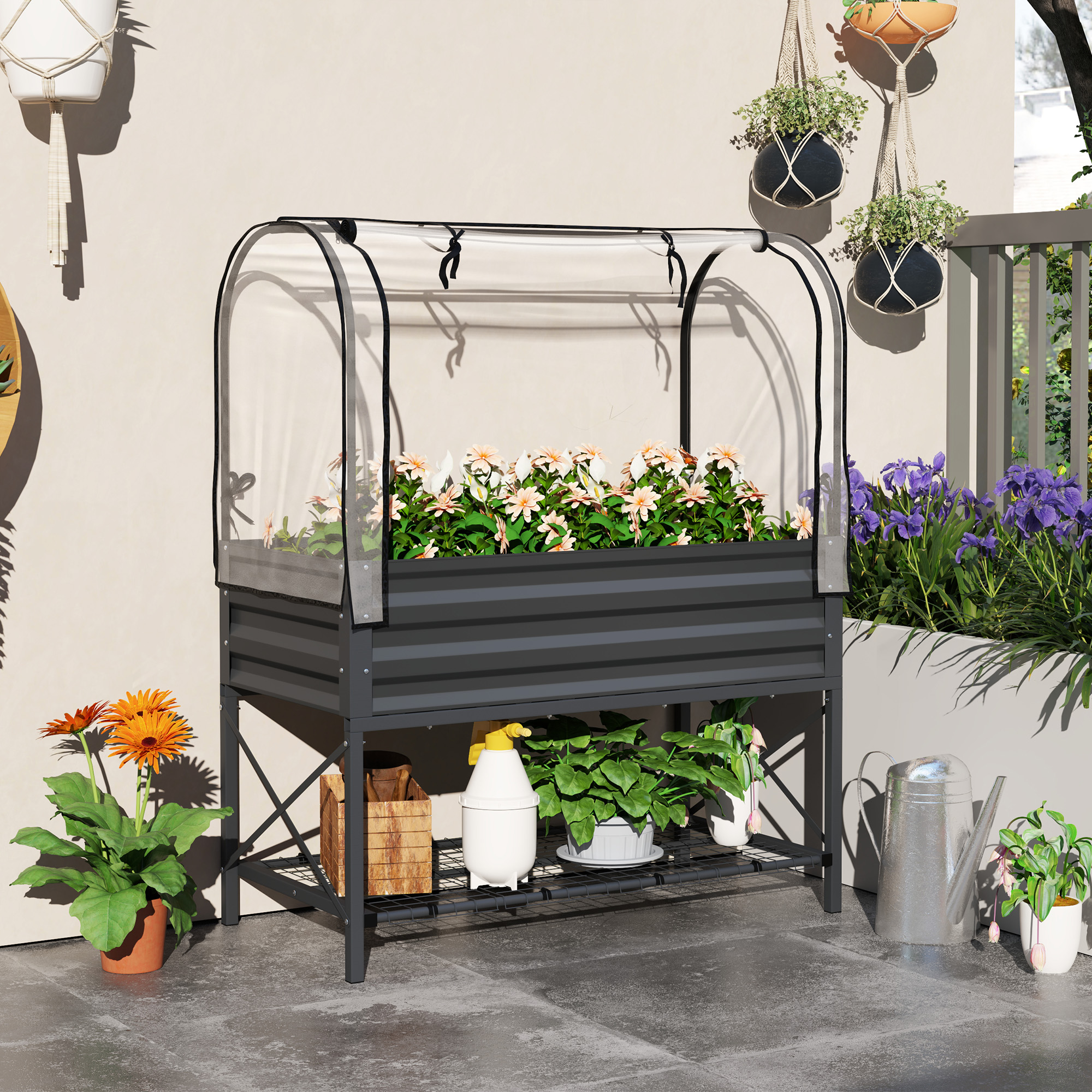 Outsunny Raised Garden Bed with Cover, Metal Elevated Planter Box with Bottom Shelf and Liner, Dark Grey Aosom Canada