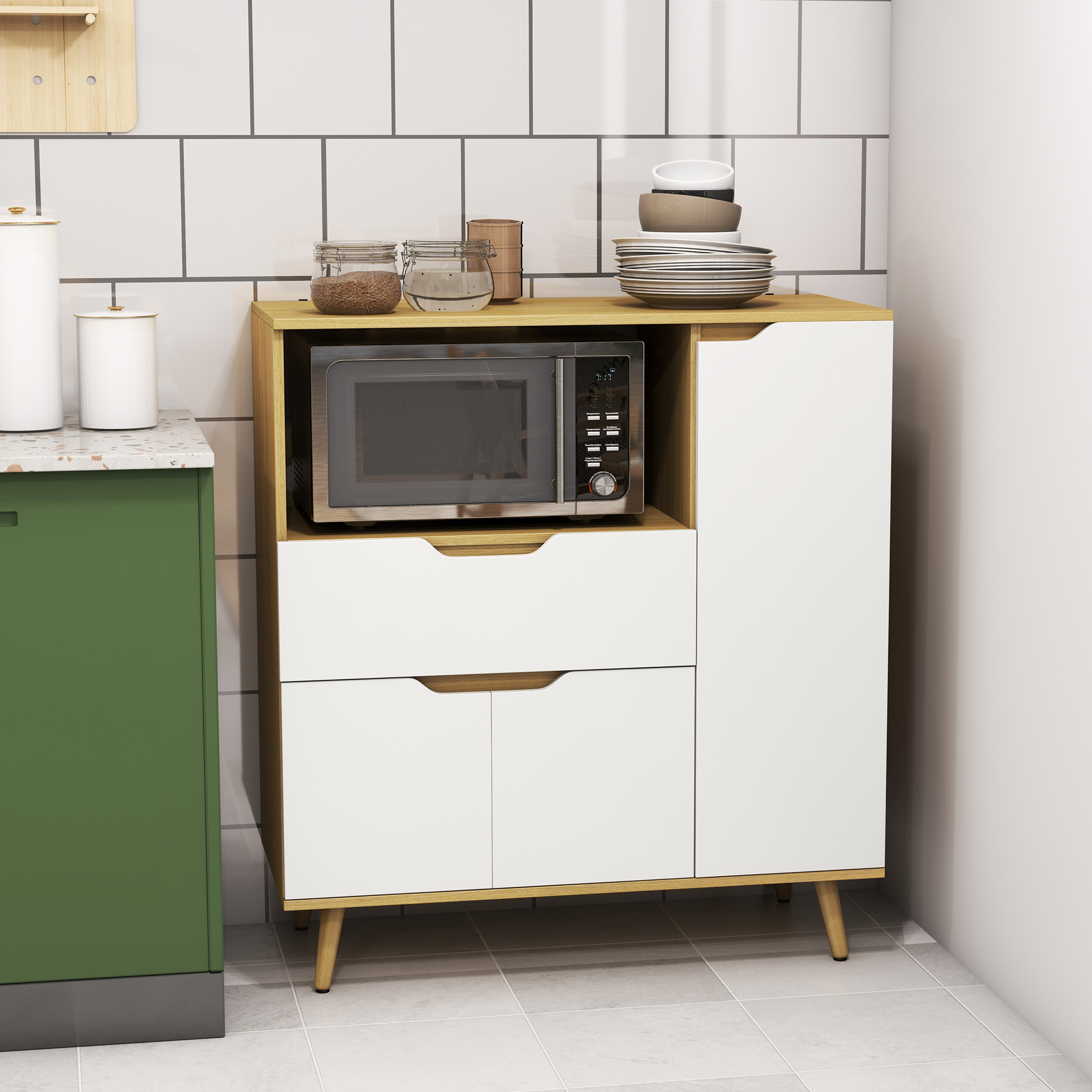 HOMCOM Microwave Cabinet: Contemporary Design with Drawer, Cupboards & Cable Hole, White Aosom Canada