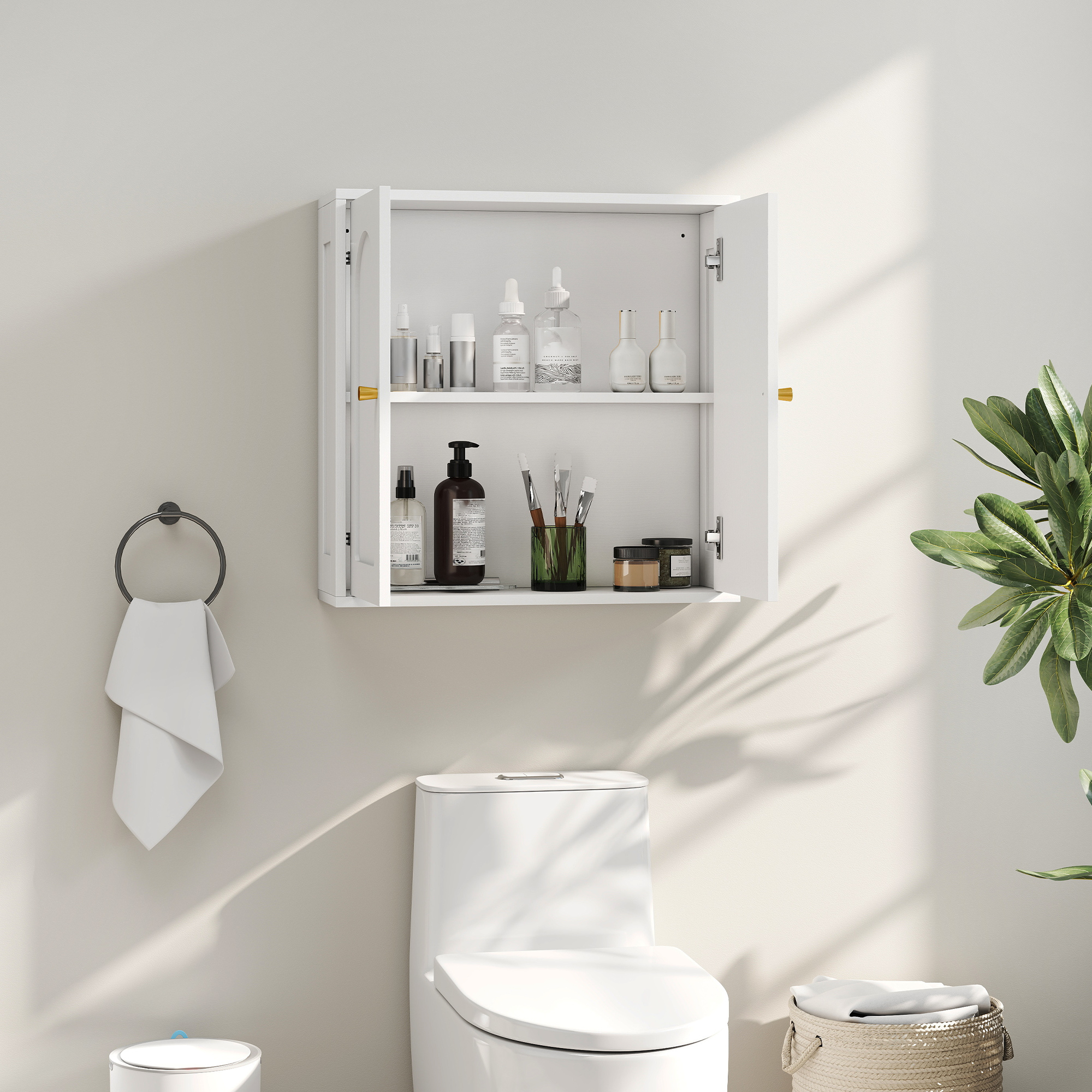 HOMCOM Medicine Cabinet, Modern Bathroom Wall Cabinet with 2 Arched Doors and Gold Handles, White Wood Grain Aosom Canada