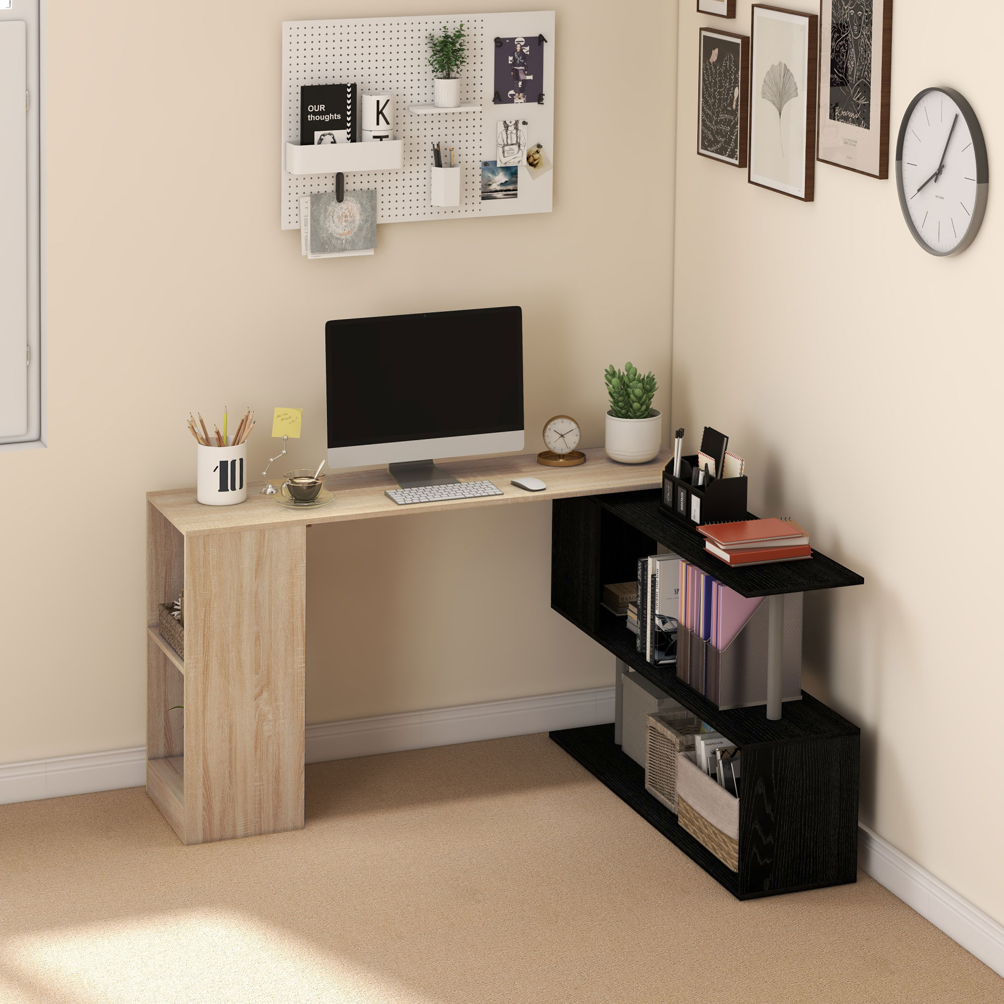 HOMCOM 55" Corner Computer Desk, 360° Rotating L-Shaped Desk, Home Office Workstation with 3-Tier Shelves, Bookshelf Aosom Canada