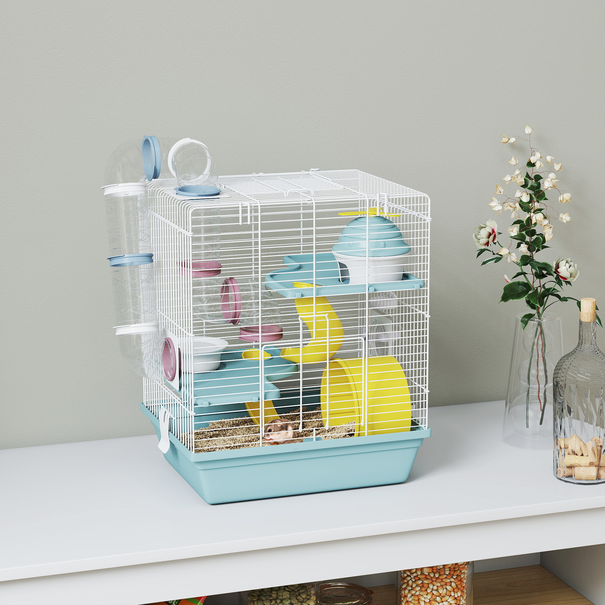 PawHut 3-Level Hamster Cage with Exercise Wheel, Play Tube, Water Bottle, Food Dish, Hut, Ladder, Blue Aosom Canada