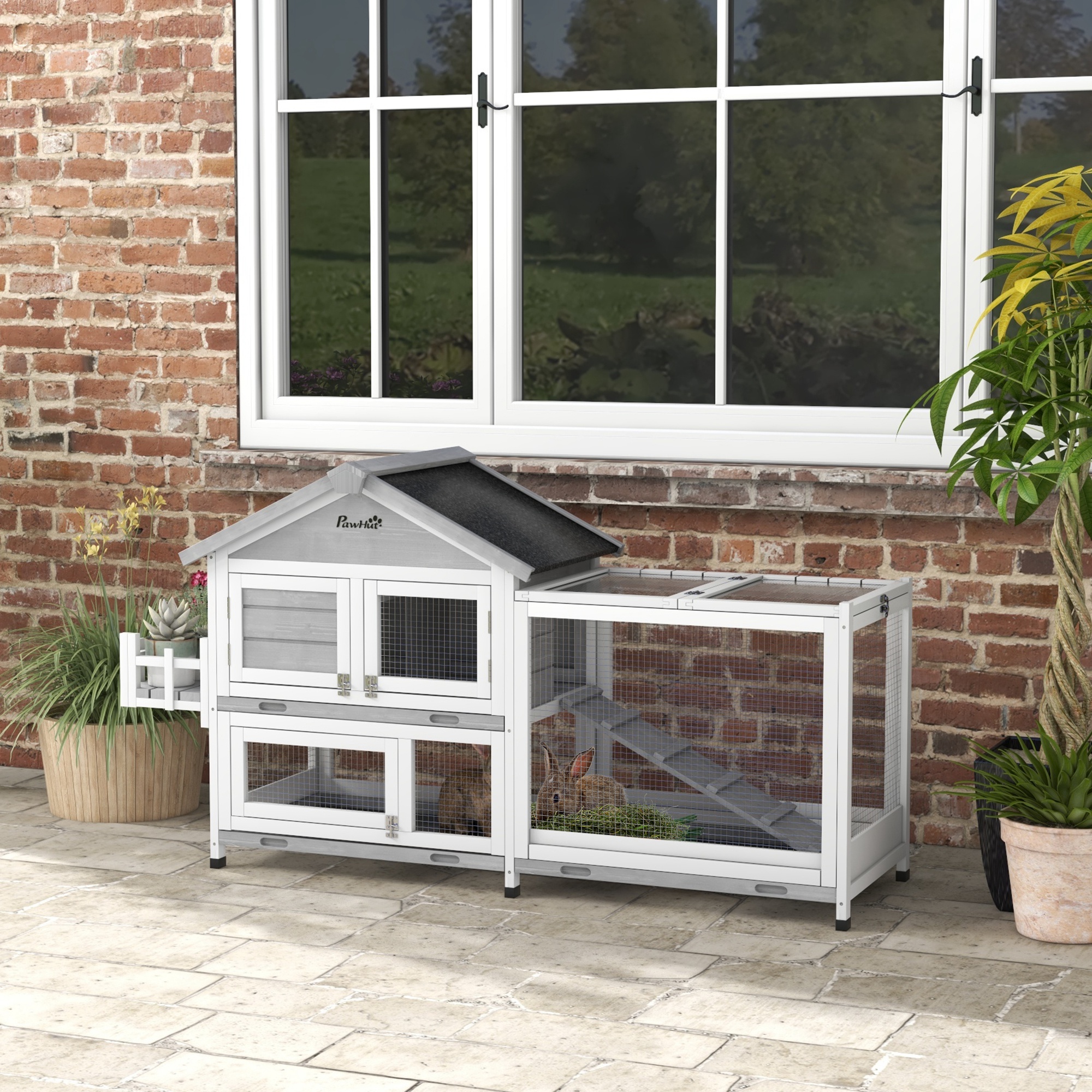 PawHut 65" Grey Wooden Rabbit Hutch with Openable Roof & Storage Box, Spacious Pet Playpen for Rabbits & Small Animals Aosom Canada