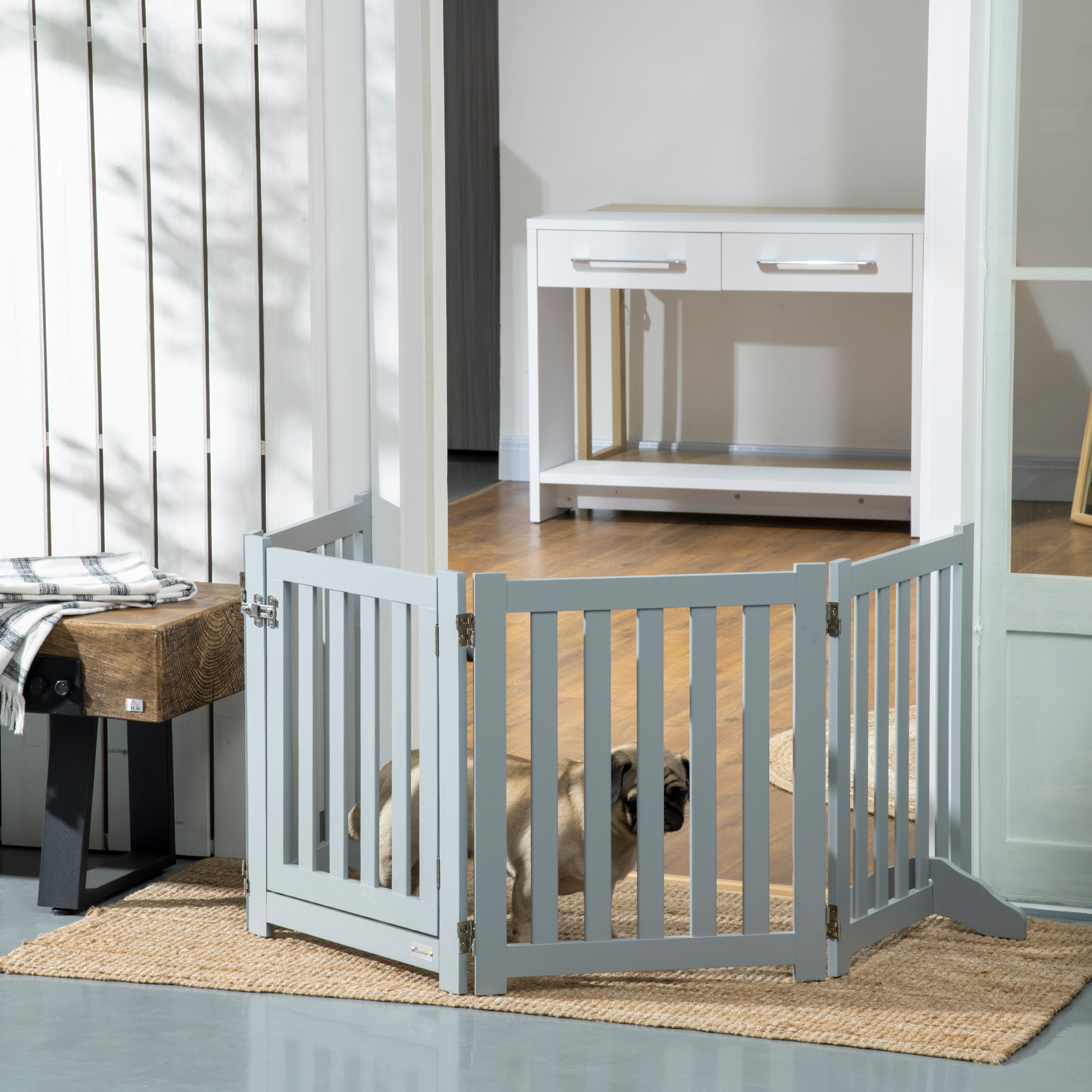 PawHut Portable Dog Gate: 4 Panel, Freestanding Pet Barrier, with Door, Support Feet, for Small Dogs Indoor, Grey Aosom Canada
