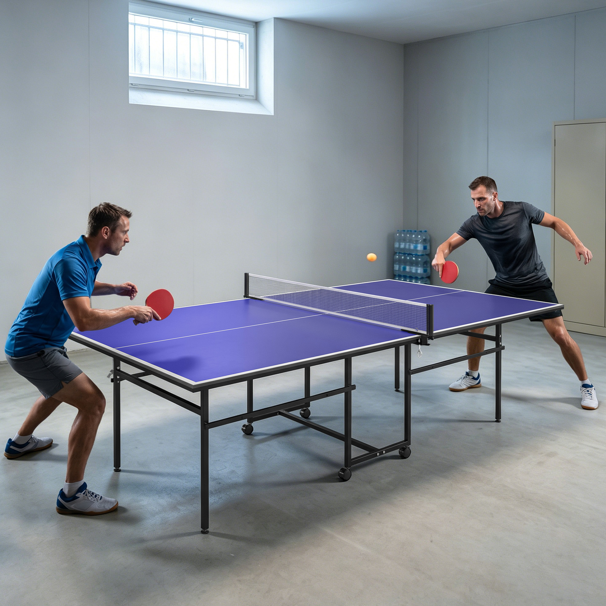 Soozier Full Size Table Tennis Table, Folding Ping Pong Table with Net, Paddles, Balls and Wheels, Blue Aosom Canada