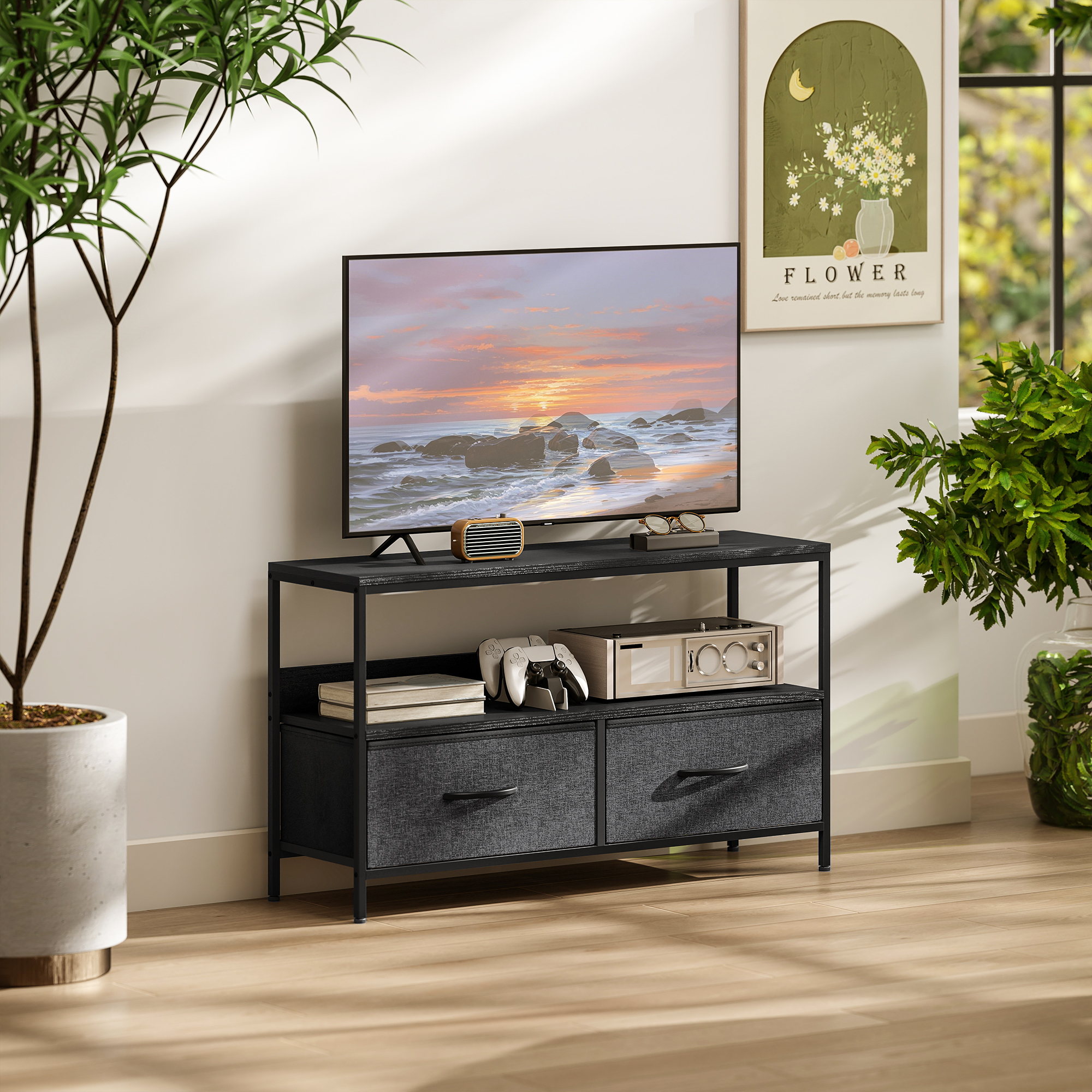 HOMCOM TV Stand with Charging Station, TV Table with 2 Foldable Linen Drawers and Open Shelf for 47 Inch Television, Black Aosom Canada