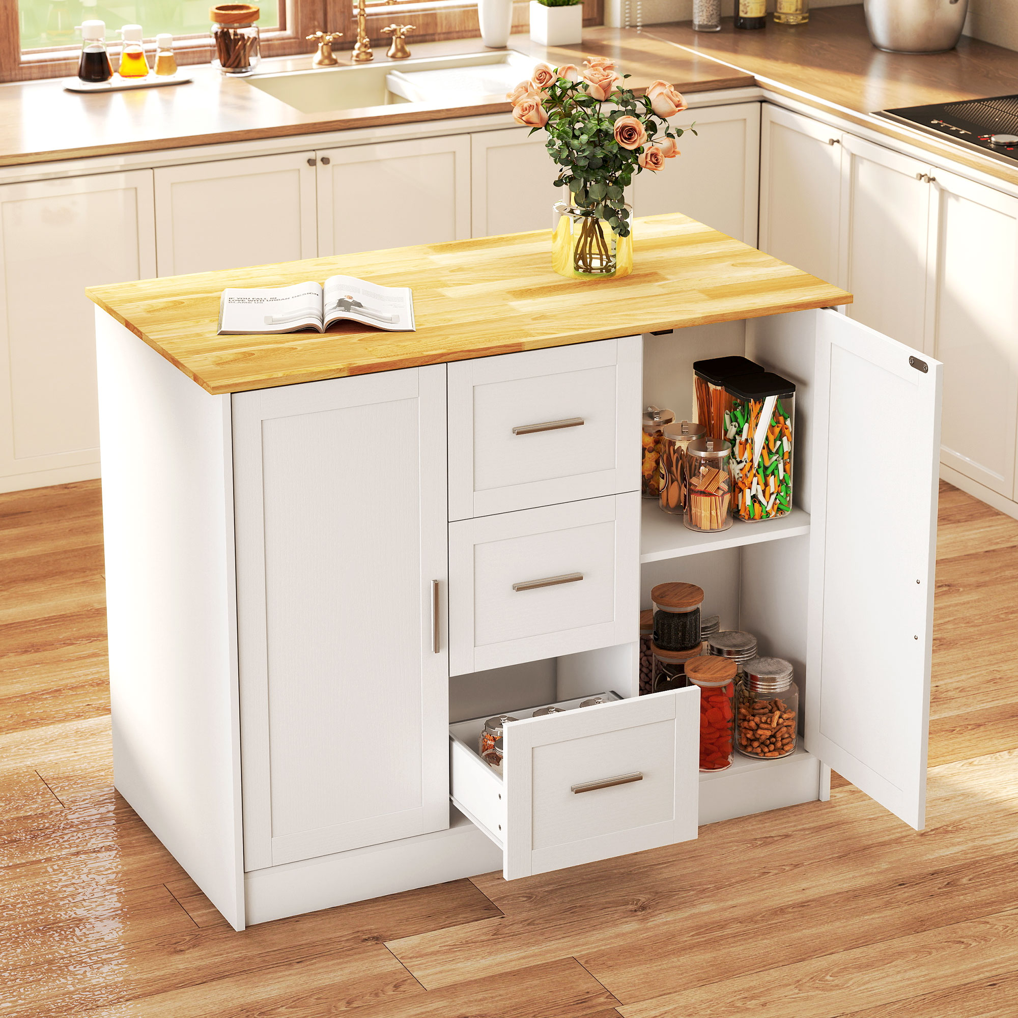 HOMCOM Kitchen Island with Storage Cabinets, 3 Drawers, 2 Adjustable Shelves and Sitting Space for Dining Room, White Aosom Canada