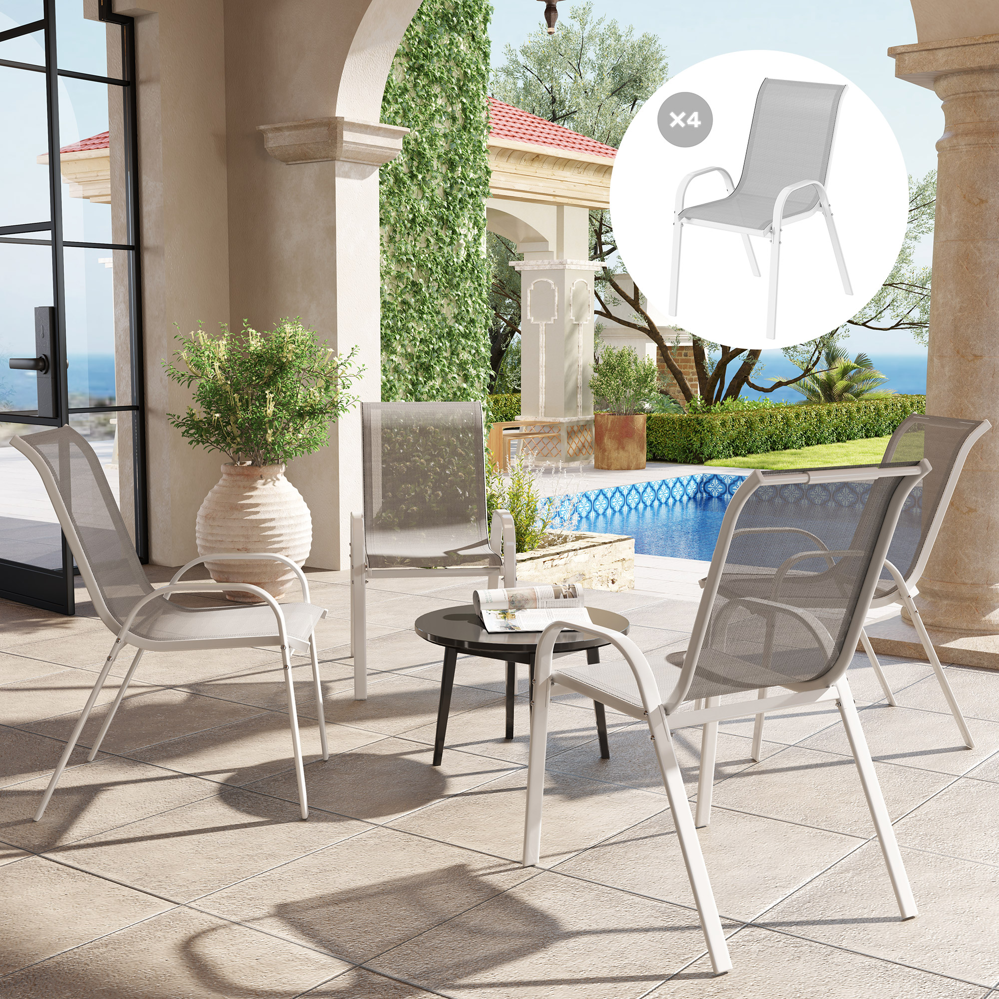 Outsunny Set of 4 Outdoor Dining Chairs, Stackable Lawn Chairs with High Back, Breathable Mesh Seat for Garden Porch, White | Aosom Canada