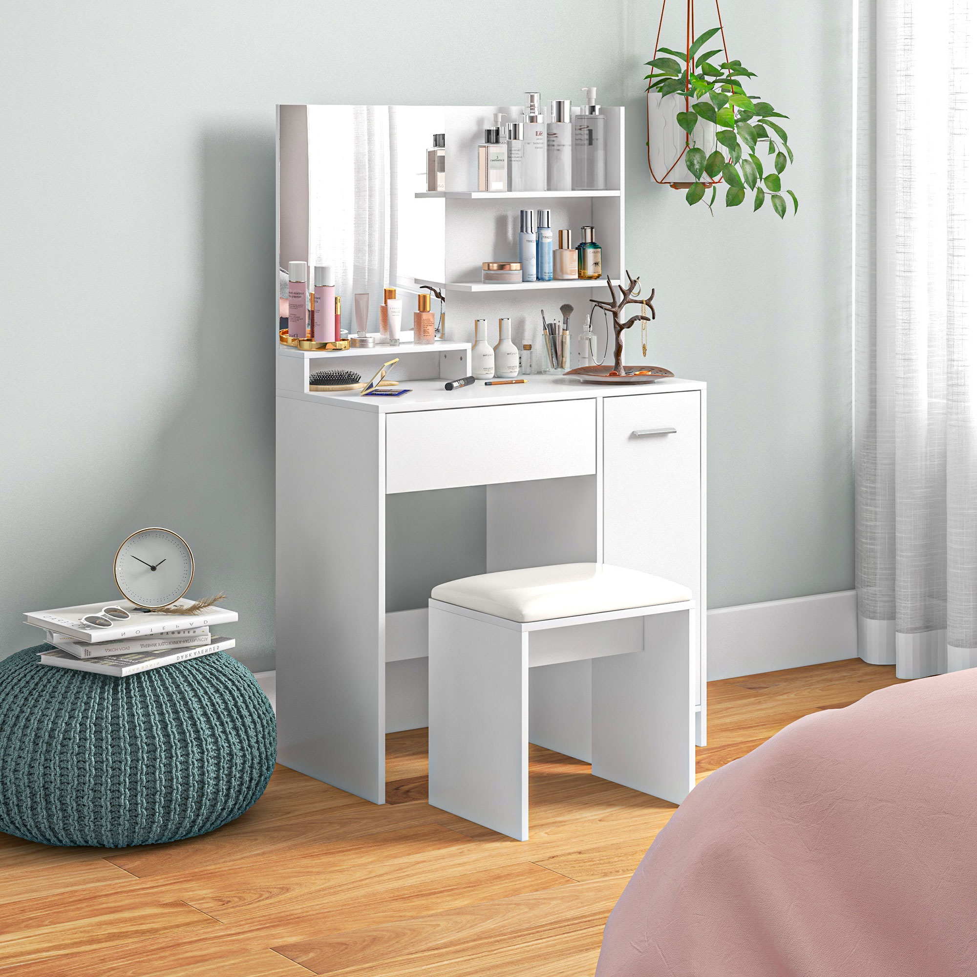 HOMCOM Vanity Set with Mirror and Stool, Makeup Vanity Table with Storage Drawer, Cabinet, Adjustable Shelf for Bedroom, White Aosom Canada
