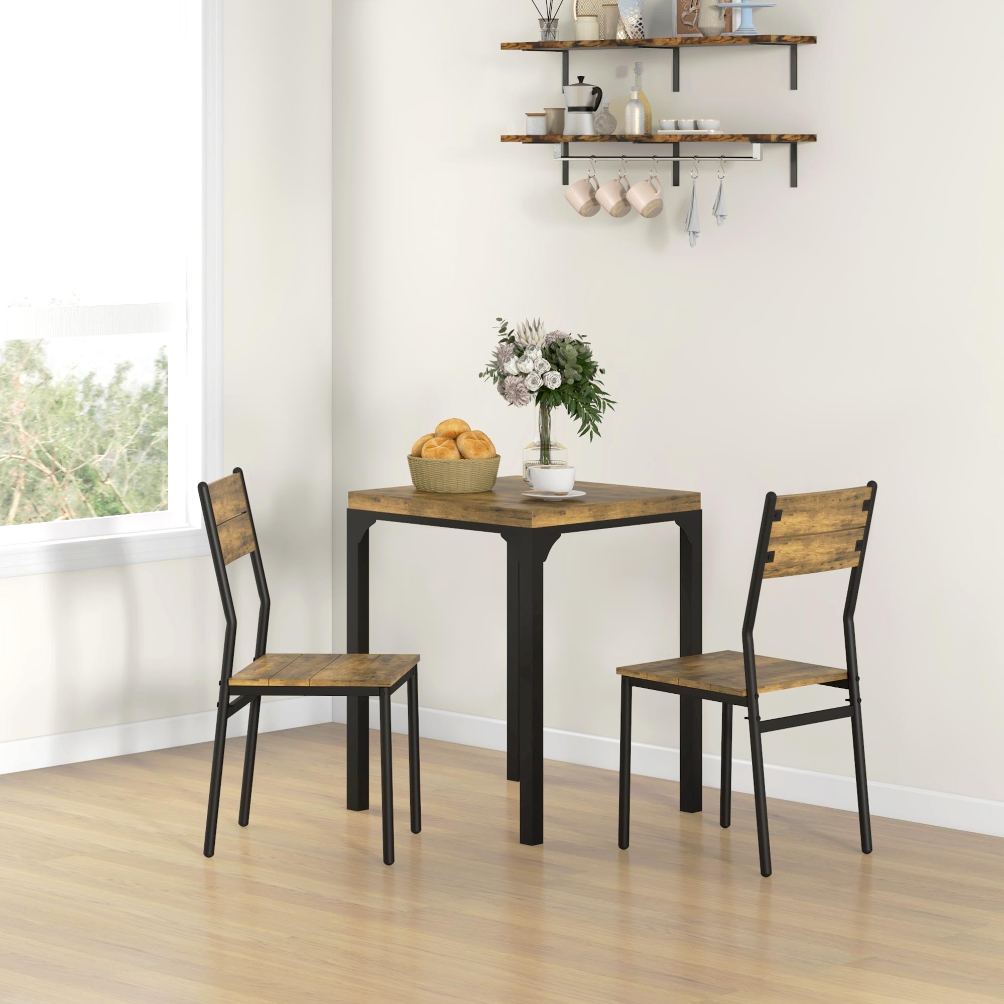 HOMCOM Dining Table Set for 2, 3 Piece Kitchen Table and Chairs with Metal Legs for Small Spaces, Rustic Brown Aosom Canada