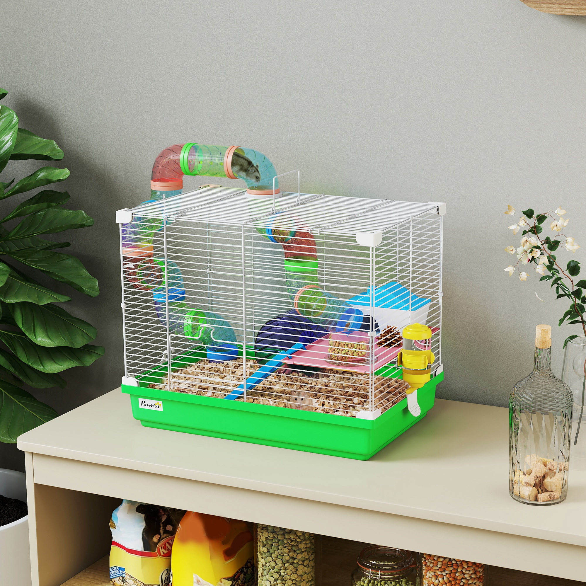 PawHut 18"L Hamster Cage, Small Animal House, 2-Level Rat Gerbil Haven with Tunnel Tube System, Green Aosom Canada