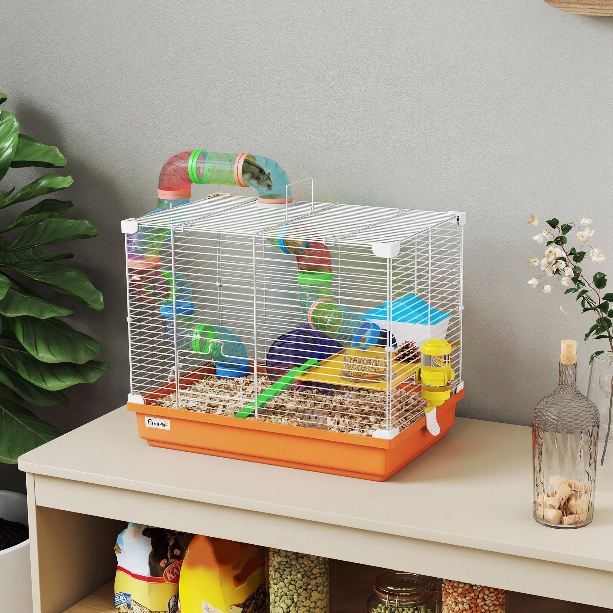 PawHut 18"L Hamster Cage, Small Animal House, 2-Level Rat Gerbil Haven with Tunnel Tube System, Orange Aosom Canada
