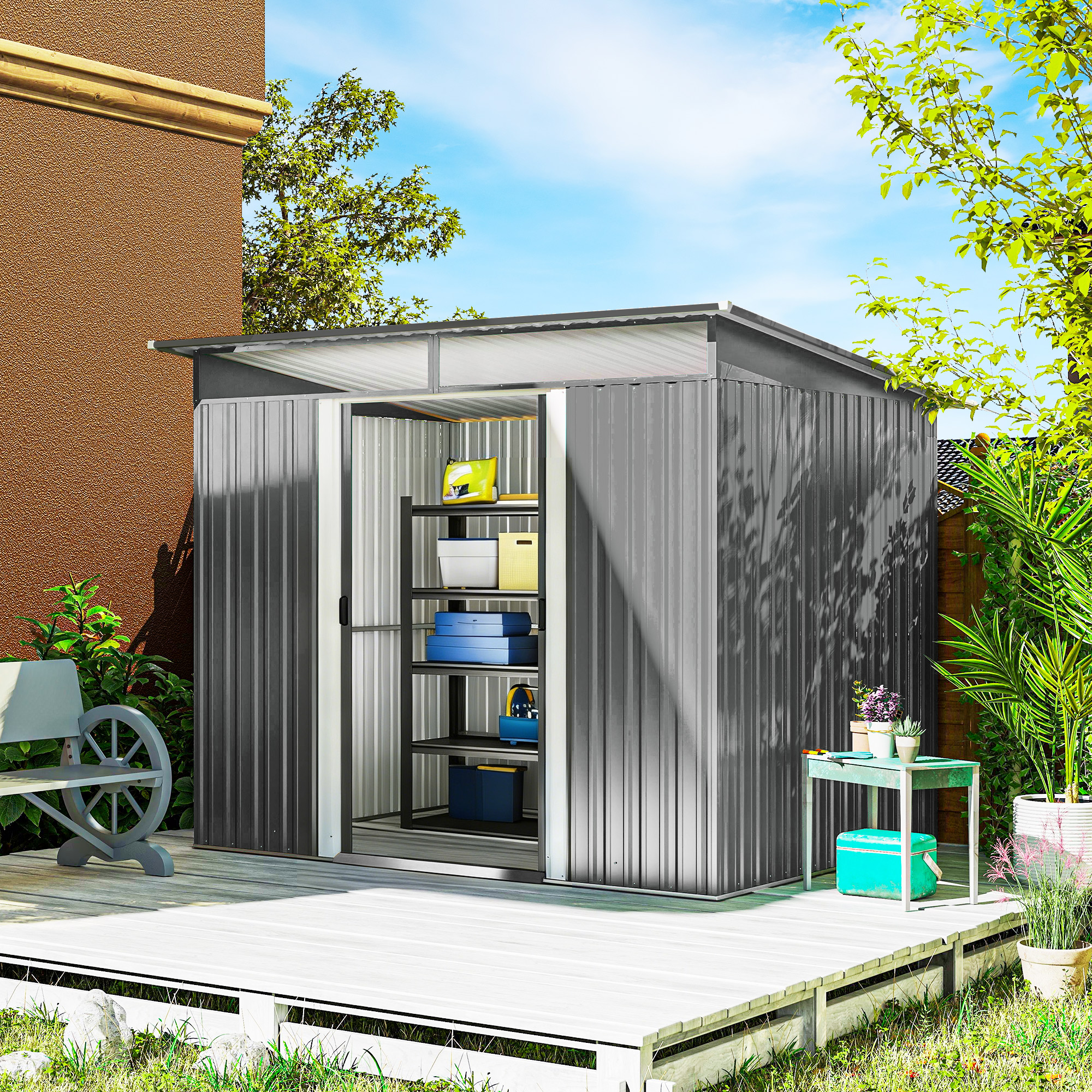 Outsunny 9' x 6.5' Outdoor Metal Storage Shed, Utility Tool Storage House w/ Double Sliding Doors for Garden, Backyard, Light Grey Aosom Canada