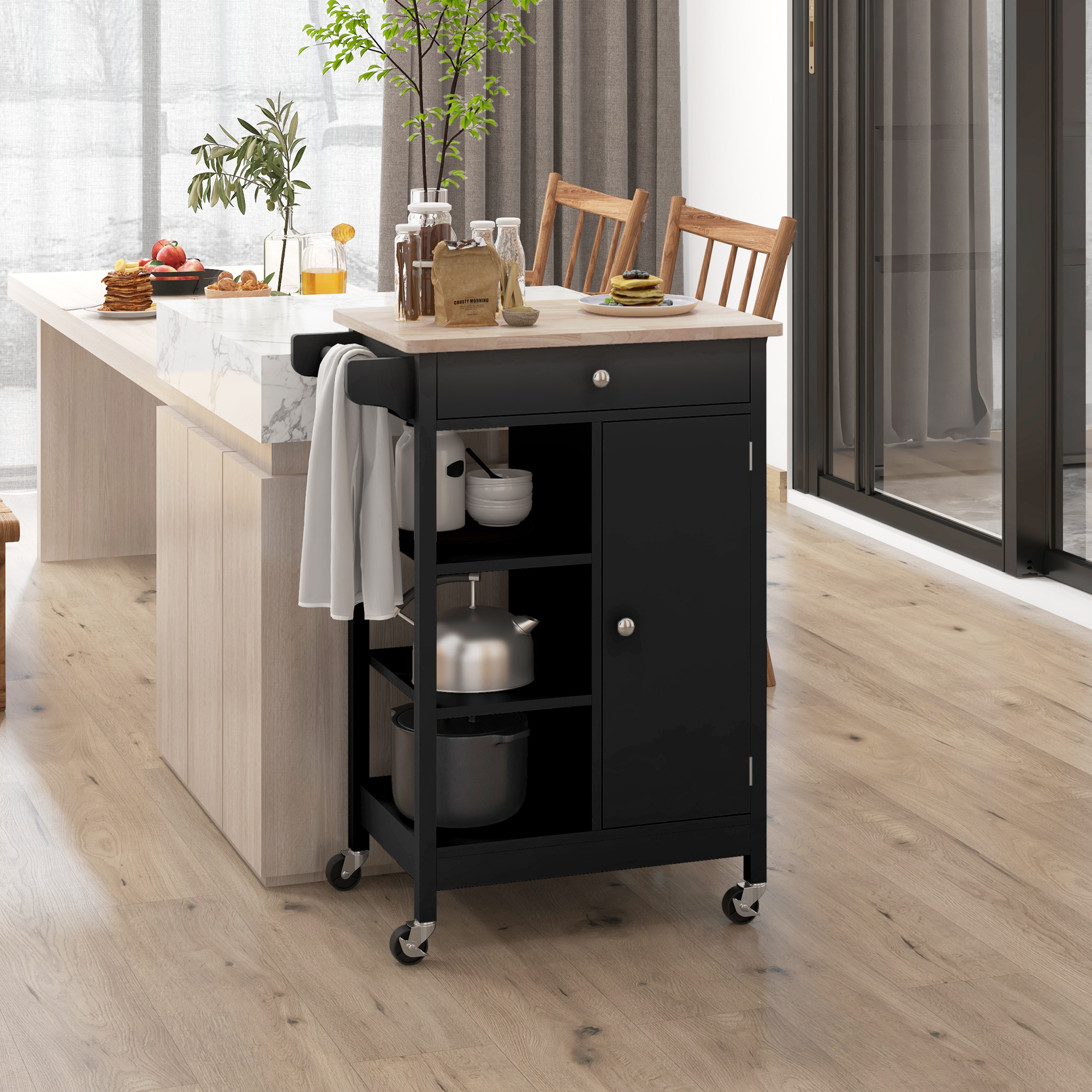 HOMCOM Modern Black Kitchen Island: Natural Wood Cart with Drawer, Towel Rack & Mobile Storage Design Aosom Canada