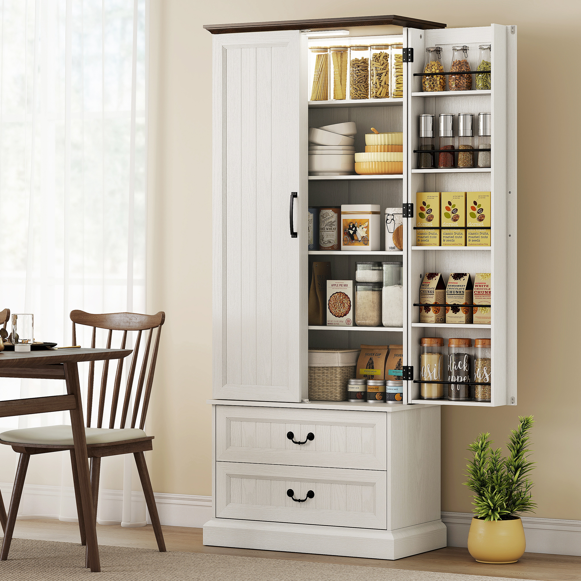 HOMCOM 72" LED Kitchen Pantry Cabinet, Buffet Storage Cabinet with 10 Door Shelves, 2 Drawers and Adjustable Shelves, White Aosom Canada