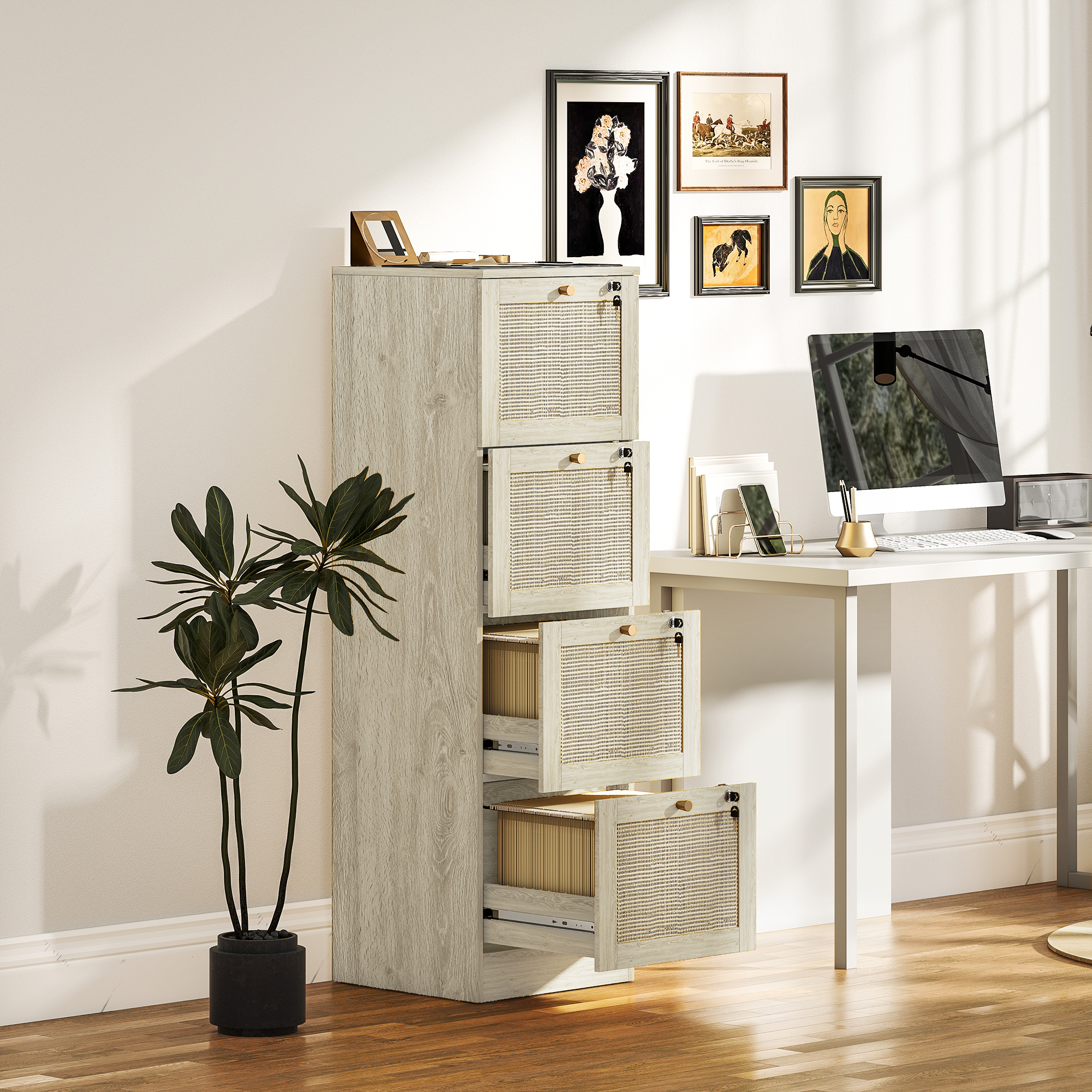 HOMCOM 4 Drawer Filing Cabinet with Lock, Boho File Cabinet for A4 Letter Size Files with Decorative Rattan Accents, Oak Aosom Canada