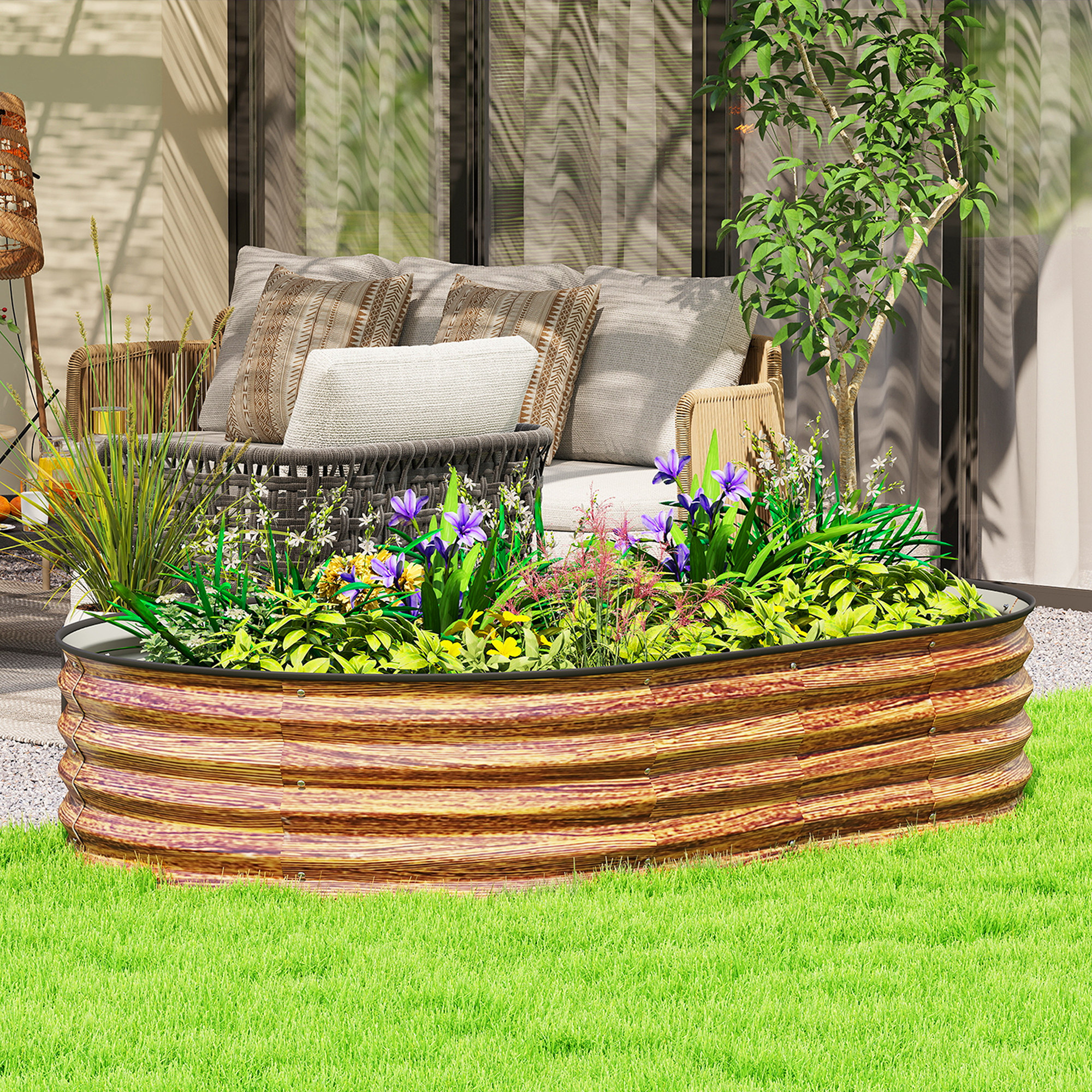 Outsunny 5' x 3' x 1' Large Outdoor Planter Box, Galvanized Raised Garden Bed with Metal Plant Stake, Brown Wood Effect Aosom Canada