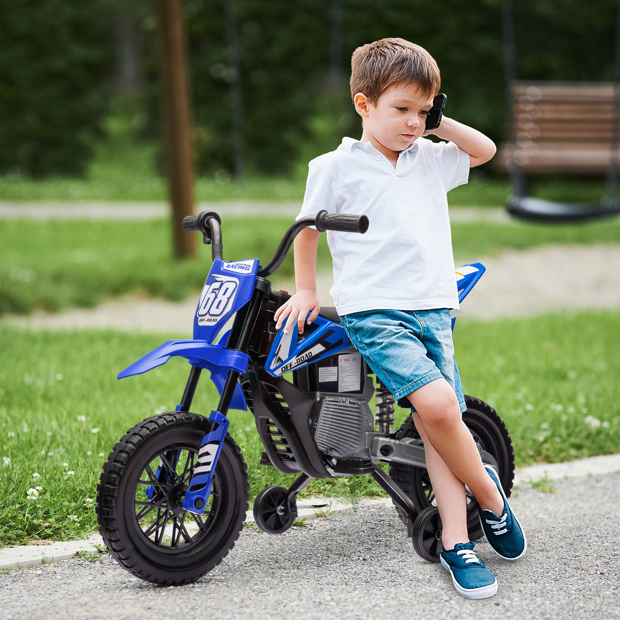 Qaba 12V Kids Dirt Bike, Electric Motorcycle with Twist Grip Throttle, Training Wheels, Rear Suspension & Music, Blue Aosom Canada