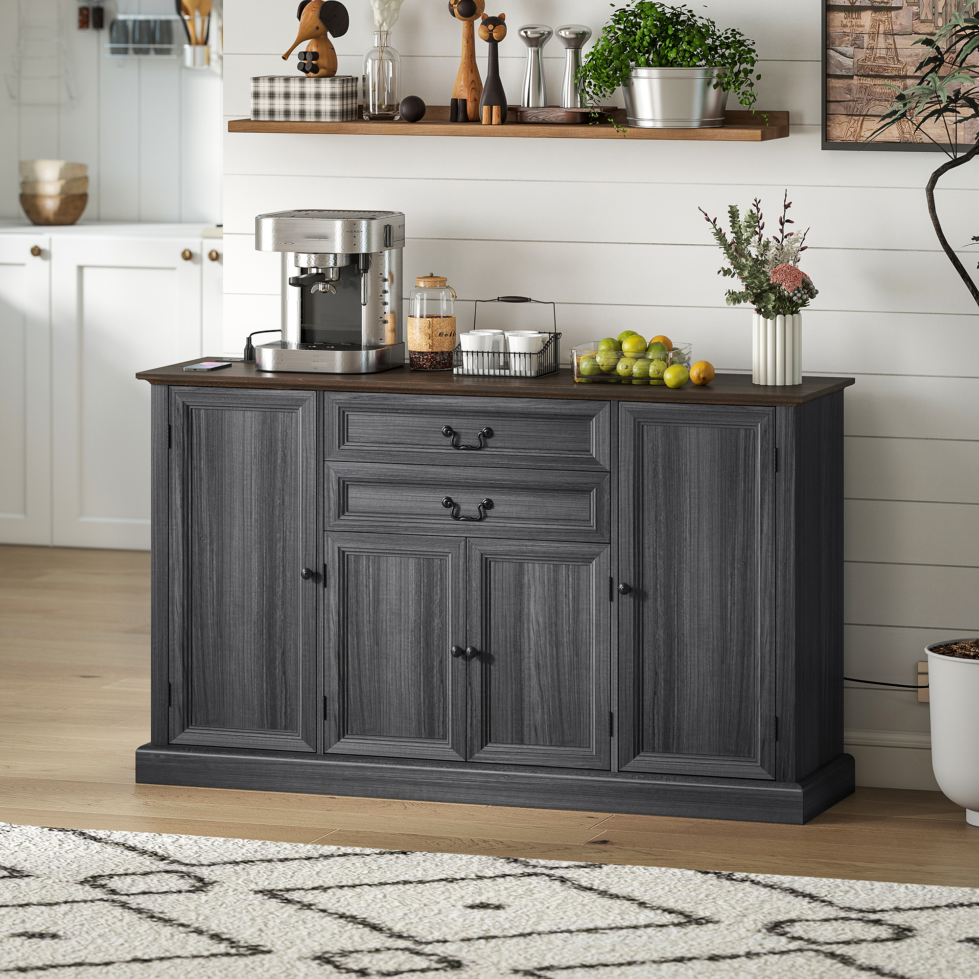 HOMCOM Sideboard Buffet Cabinet with Charging Station and Thickened Top, 58" Farmhouse Sideboard with 2 Soft-Close Drawers, Black Aosom Canada