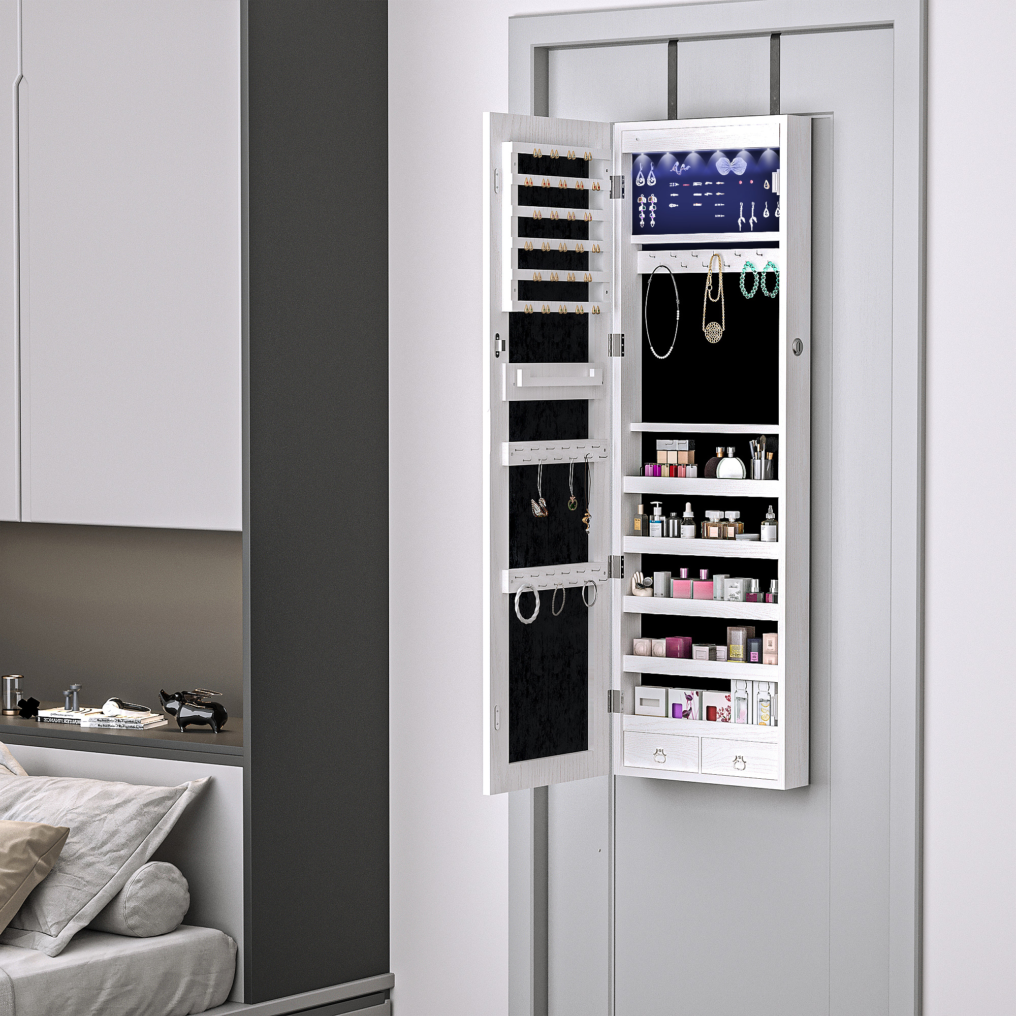HOMCOM LED Lighted Mirror Jewellery Cabinet Wall Door Mounted Storage Organizer Armoire Wood Grain Gray Aosom Canada