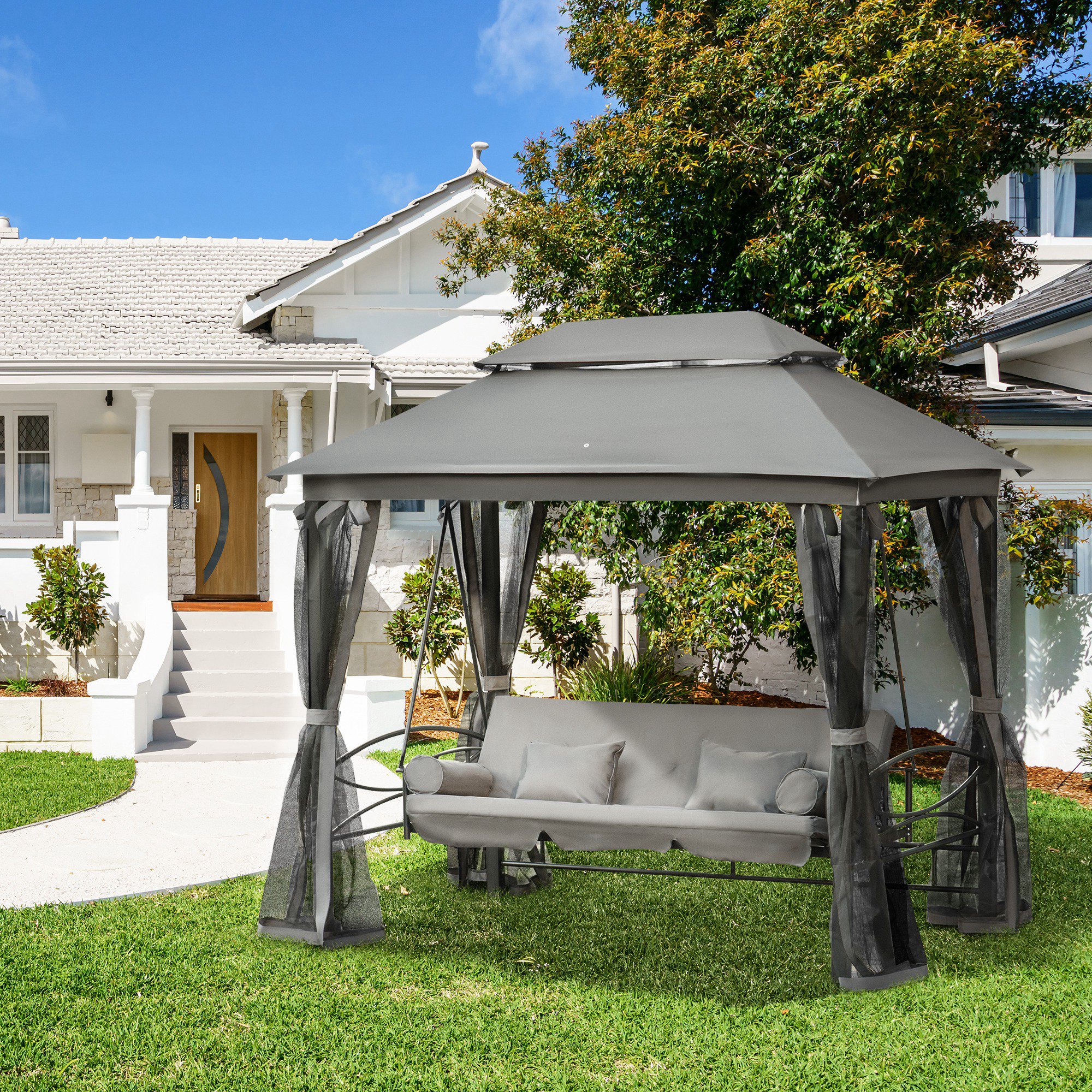 Outsunny 3 Person Outdoor Patio Daybed 3 in 1 Canopy Gazebo Swing Chair Garden Hammock with Mesh Mosquito Net and Sun Shade Grey Aosom Canada