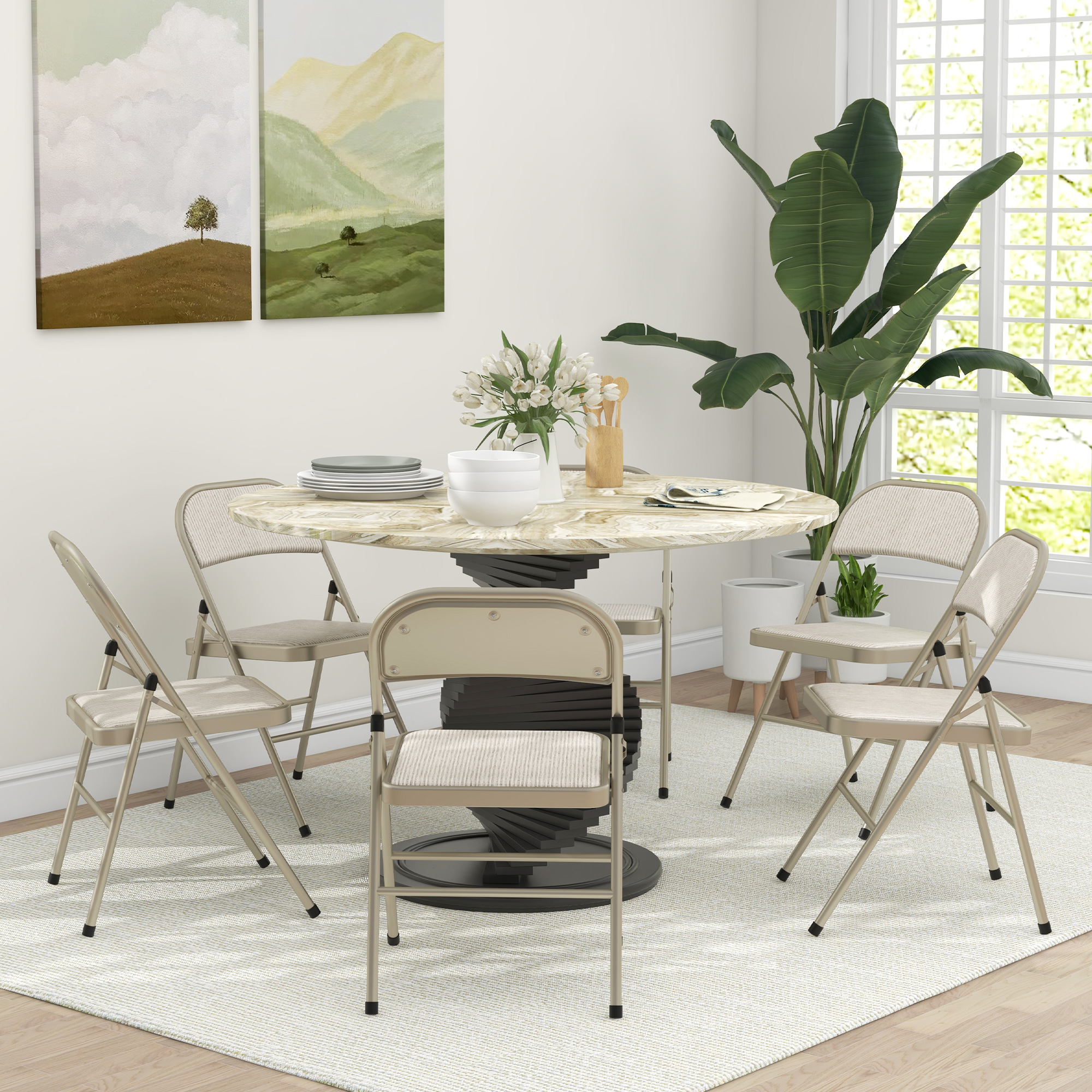 HOMCOM Set of 6 Kitchen Chairs, Linen Fabric Padded Folding Chairs with Cushion Seat and Open Back for Indoor, Metal, Beige Aosom Canada