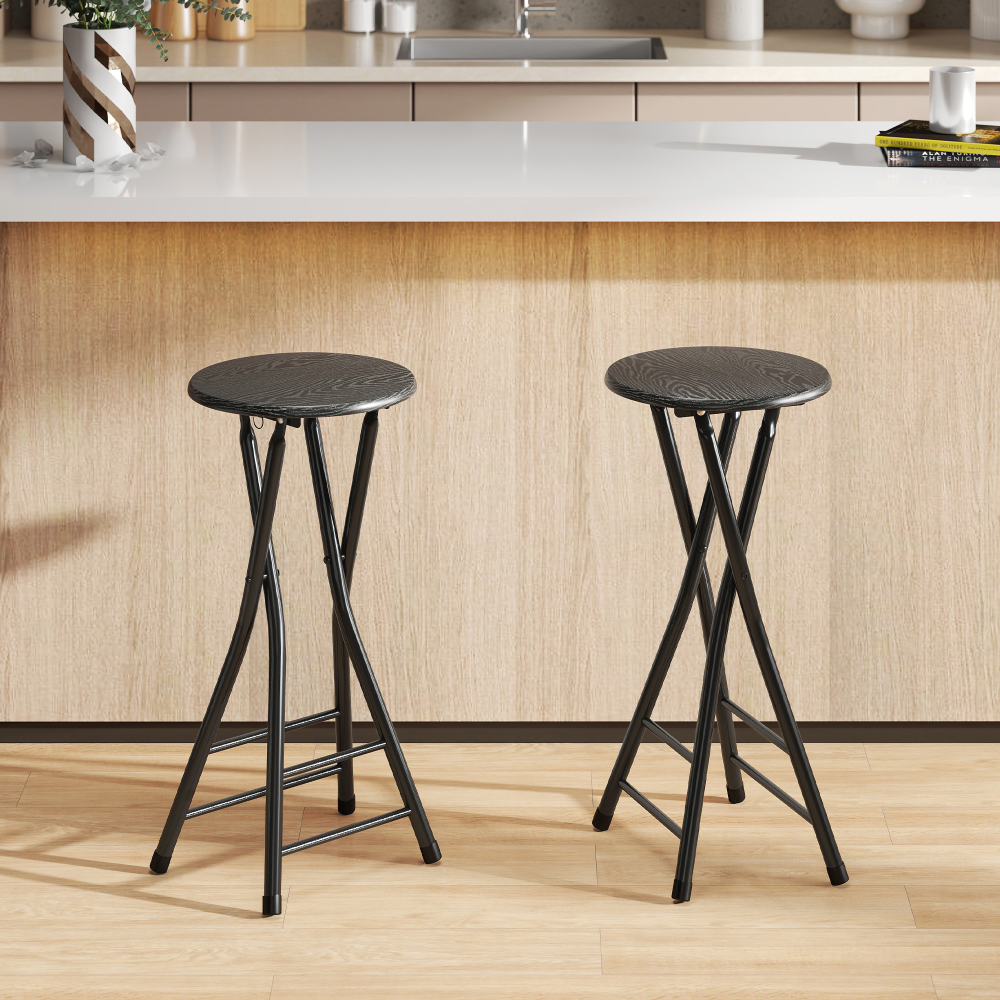 HOMCOM Set of 2 Foldable Barstools, Counter Height Bar Stools with Footrest and Steel Legs for Kitchen Island, Black Aosom Canada