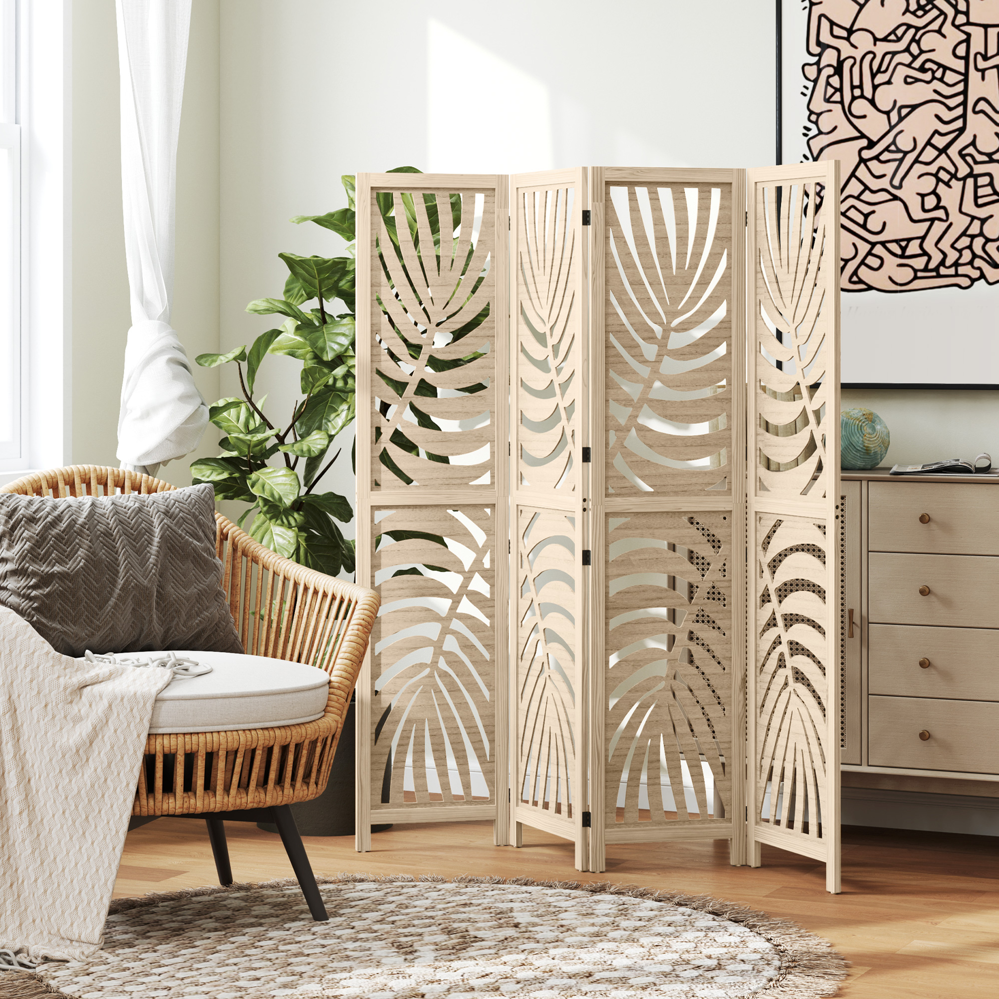 HOMCOM 4 Panel Room Divider, Detachable Folding Privacy Screens with Palm Leaf Design for Home Office, Natural Wood Finish Aosom Canada