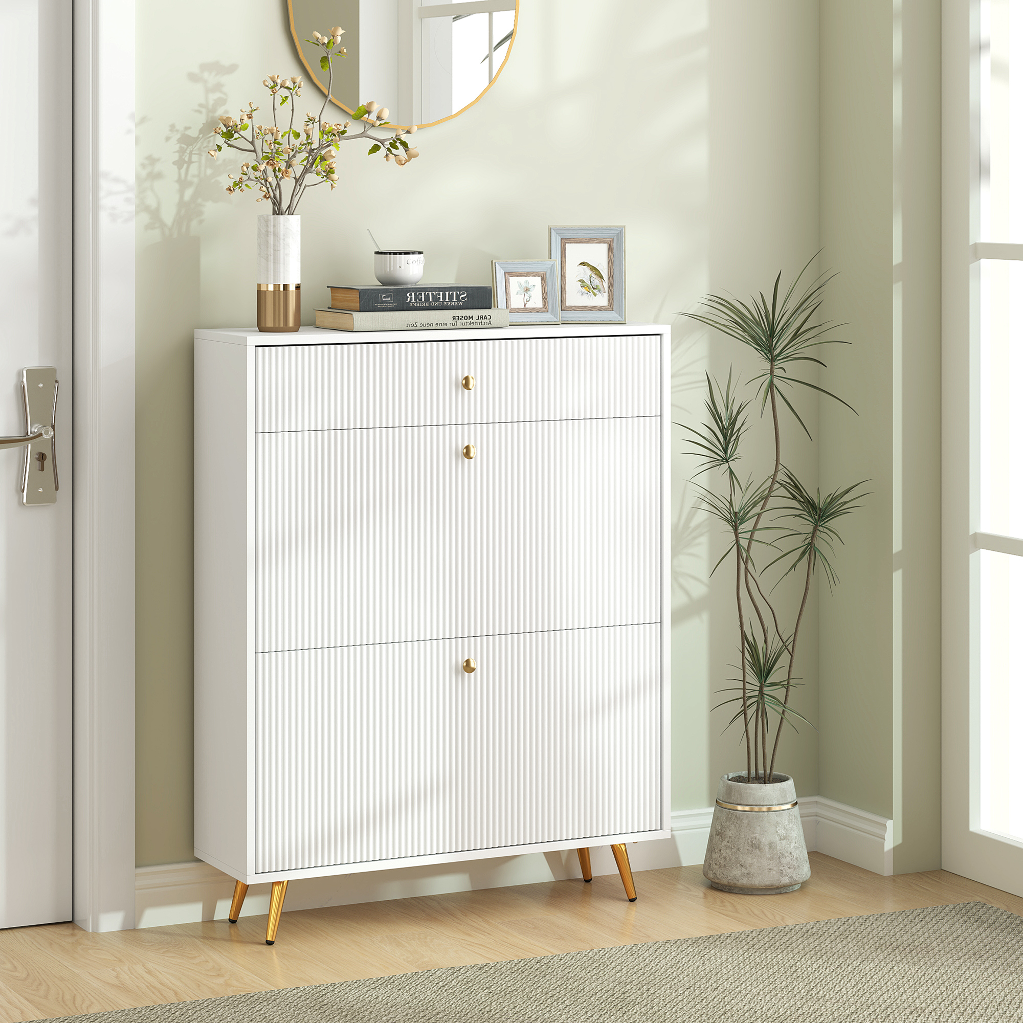 HOMCOM Narrow Shoe Storage Cabinet with Wave-like Panels and Adjustable Shelves for 12 Pairs of Shoes, White Aosom Canada