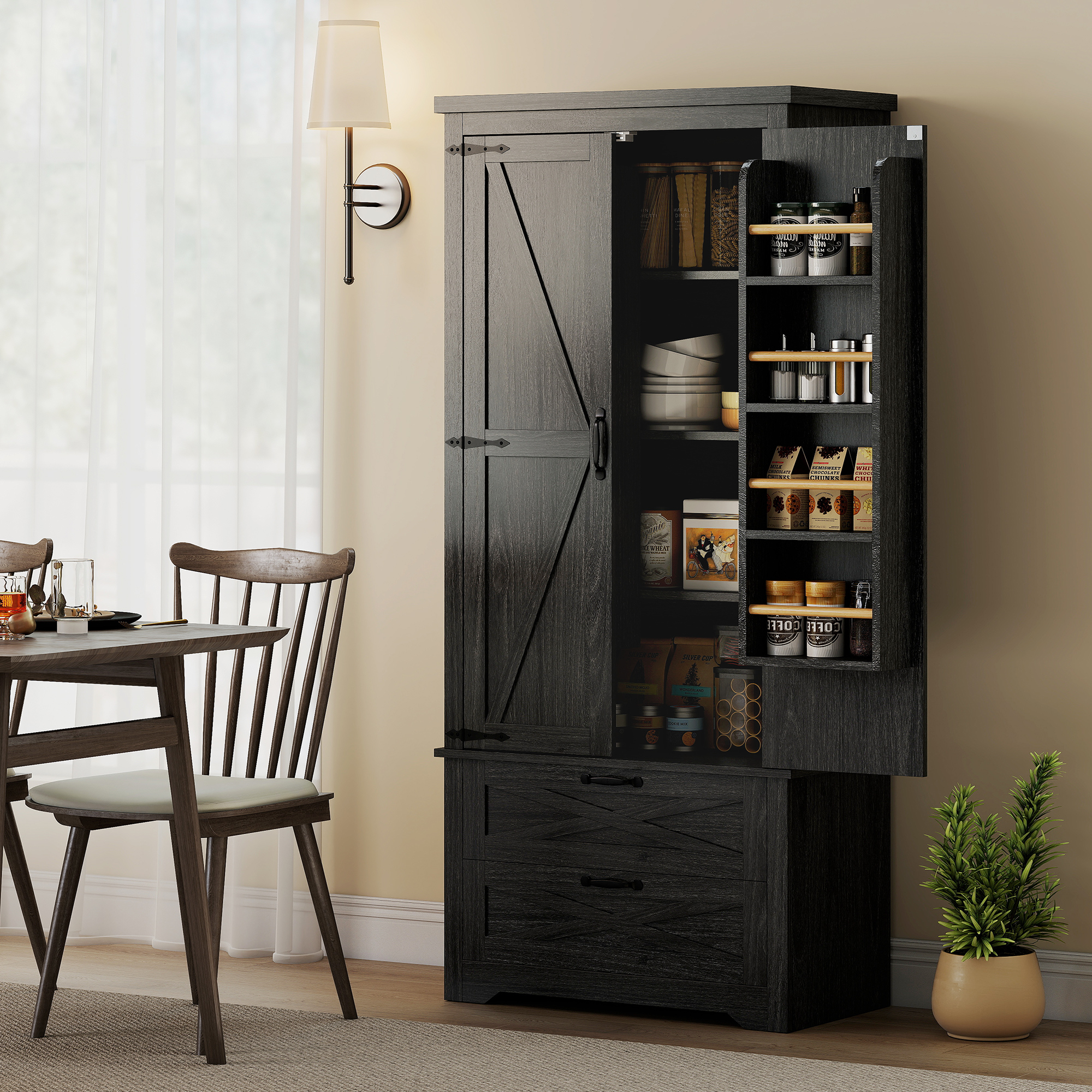 HOMCOM Farmhouse Kitchen Pantry Storage Cabinet, 64" Freestanding Kitchen Pantry Cabinet with Drawers, Distressed Black Aosom Canada
