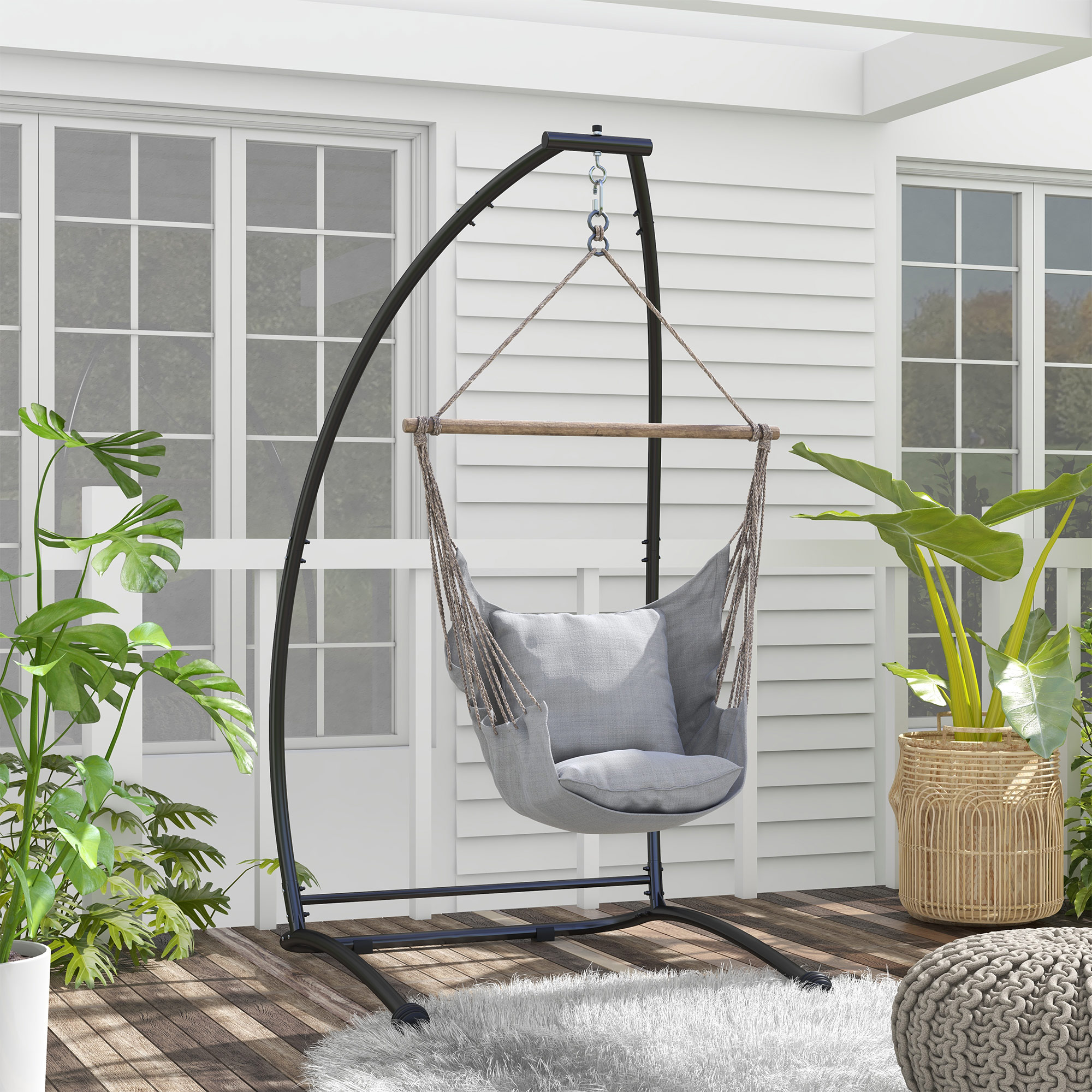 Outsunny Hanging Hammock Chair Stand Only, C Shape Hanging Heavy Duty Metal Frame Swing Stand for Porch Swing Chair, Black Aosom Canada