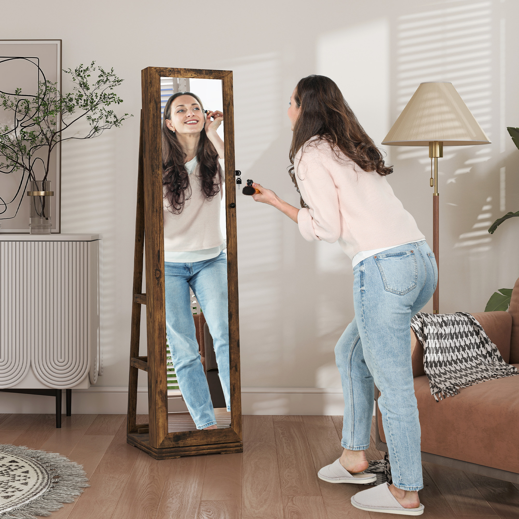 HOMCOM 360° Swivel Jewellery Armoire, Lockable Mirror Jewellery Cabinet with Built-In Small Mirror, Rustic Brown Aosom Canada