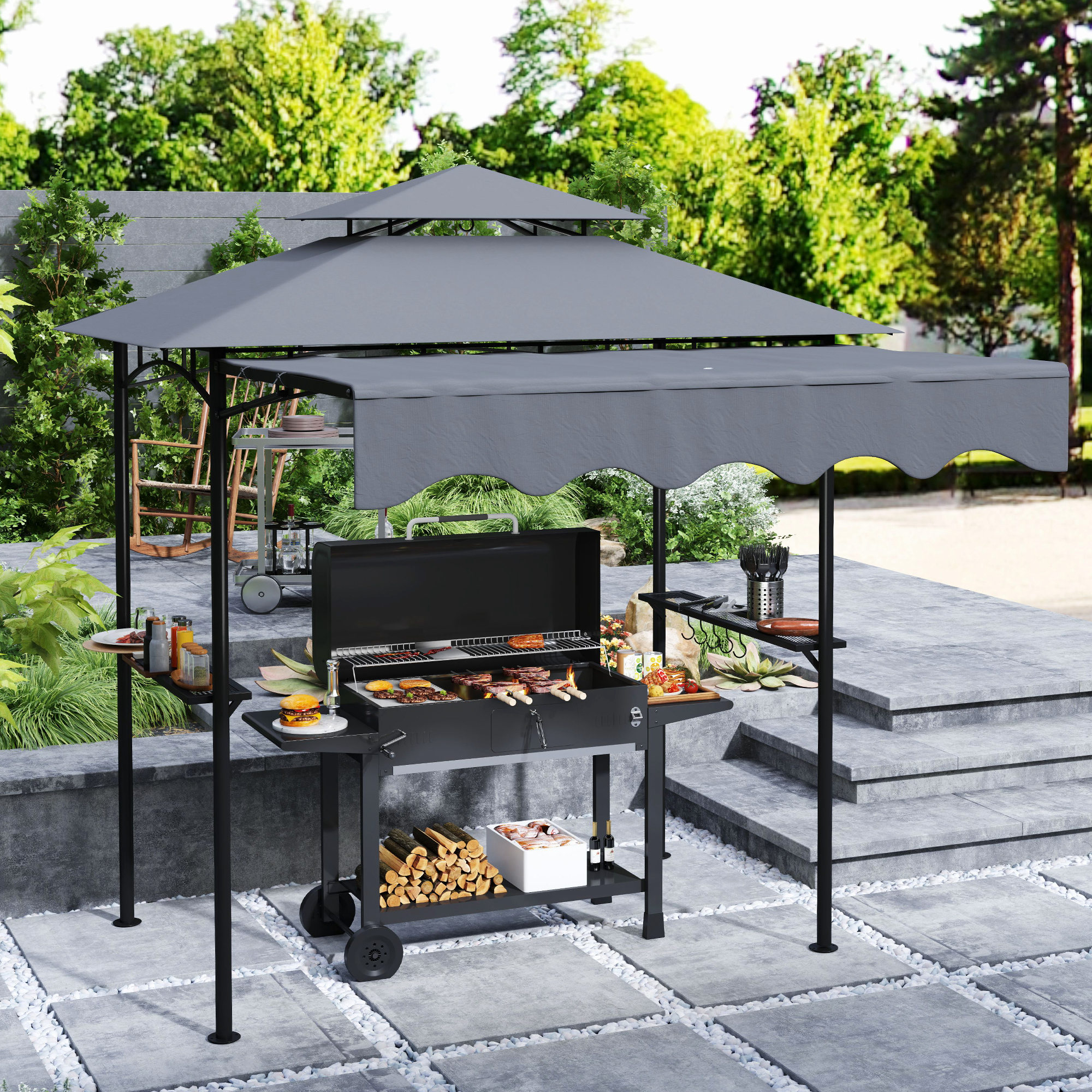 Outsunny 8' x 5' Grill Gazebo, Double Tiered Barbecue Grill Gazebo Shelter with Side Awning, 2 Side Shelves, 6 Hooks, Dark Grey | Aosom Canada