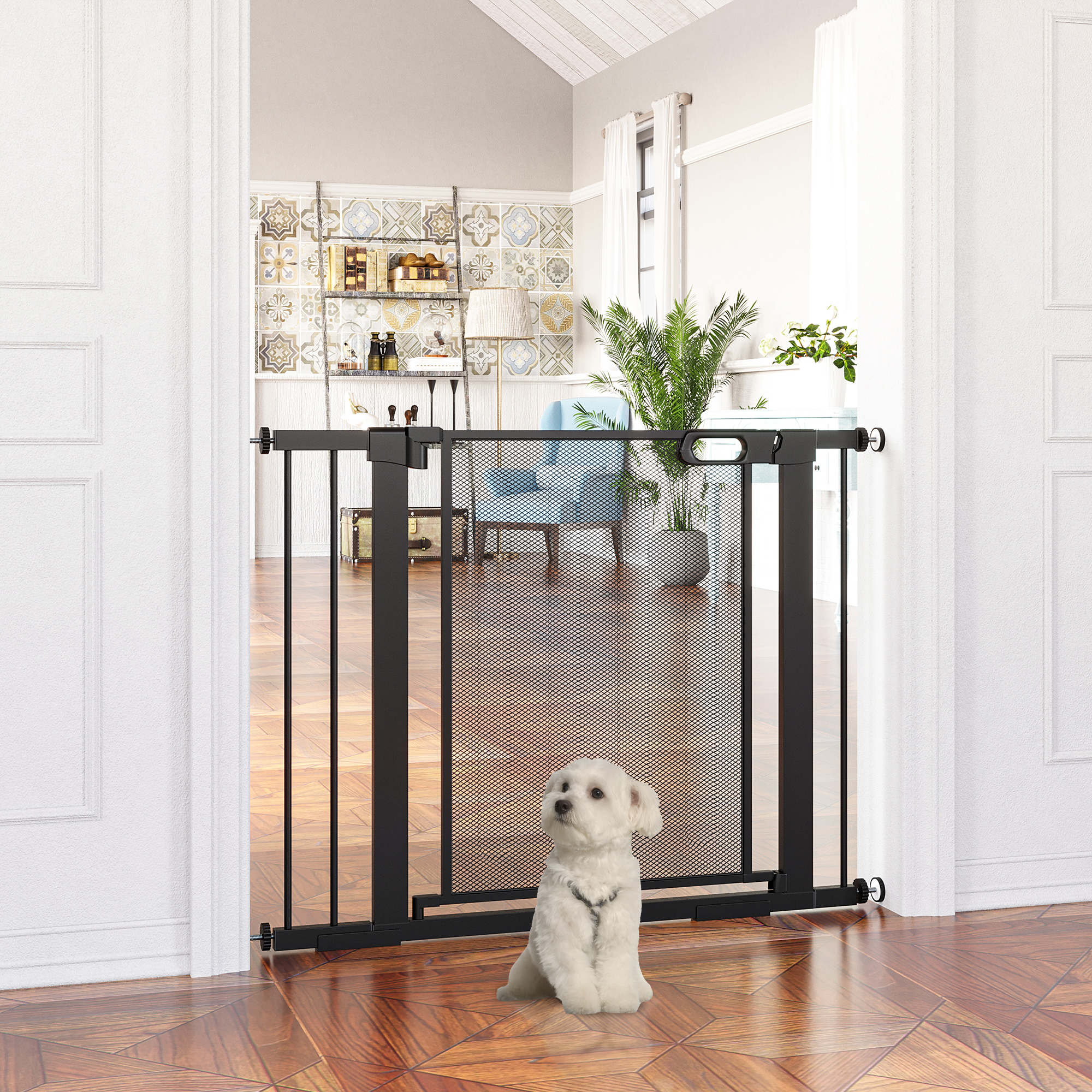 PawHut Auto-Secure Pet Passage: Metal Dog Gate with Auto-Closing Door, Double-Locking for Doorways, Stairs, Hallways, Black Finish Aosom Canada