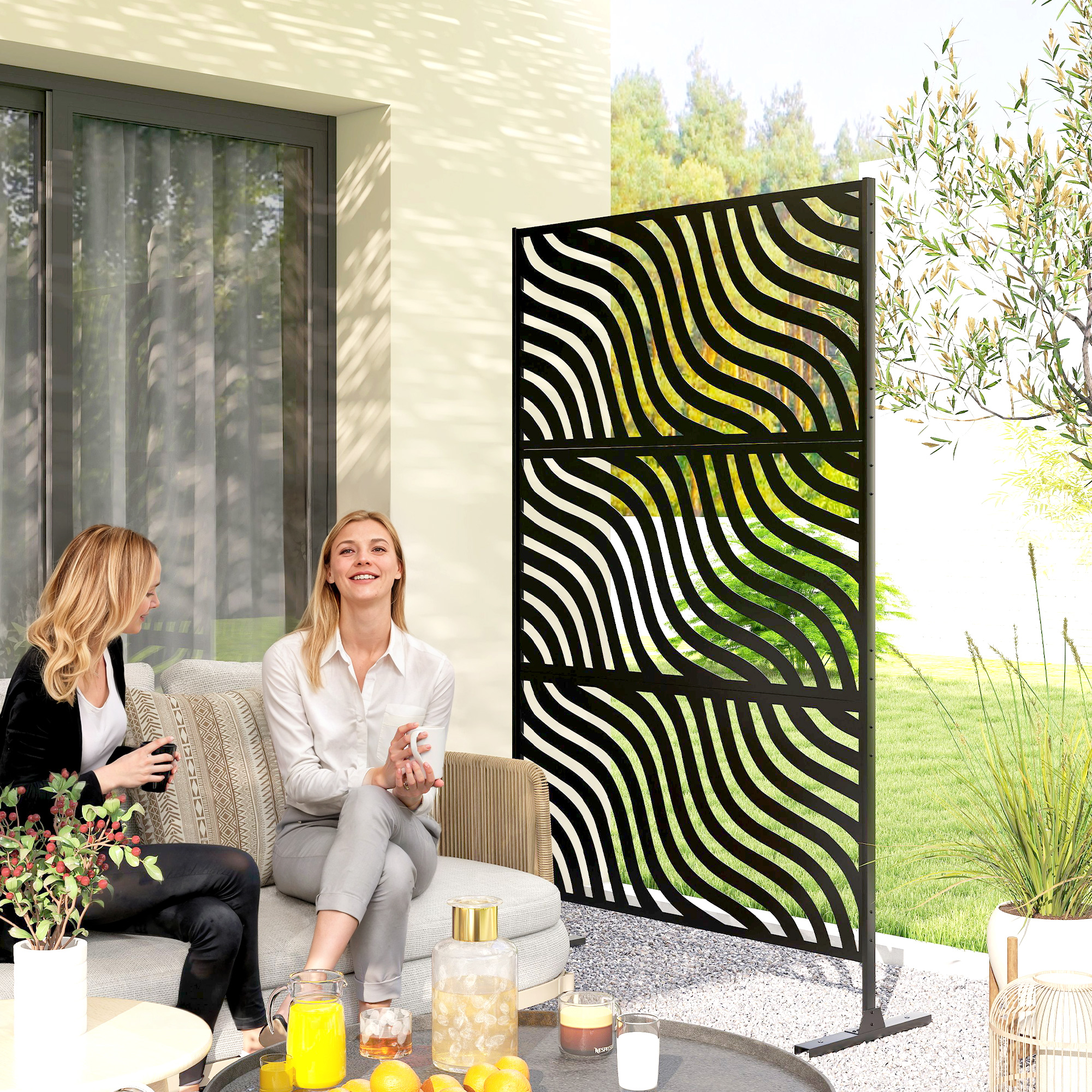 Outsunny Metal Outdoor Privacy Screen, Freestanding Outdoor Divider with Stand, 78" x 48", Black | Aosom Canada