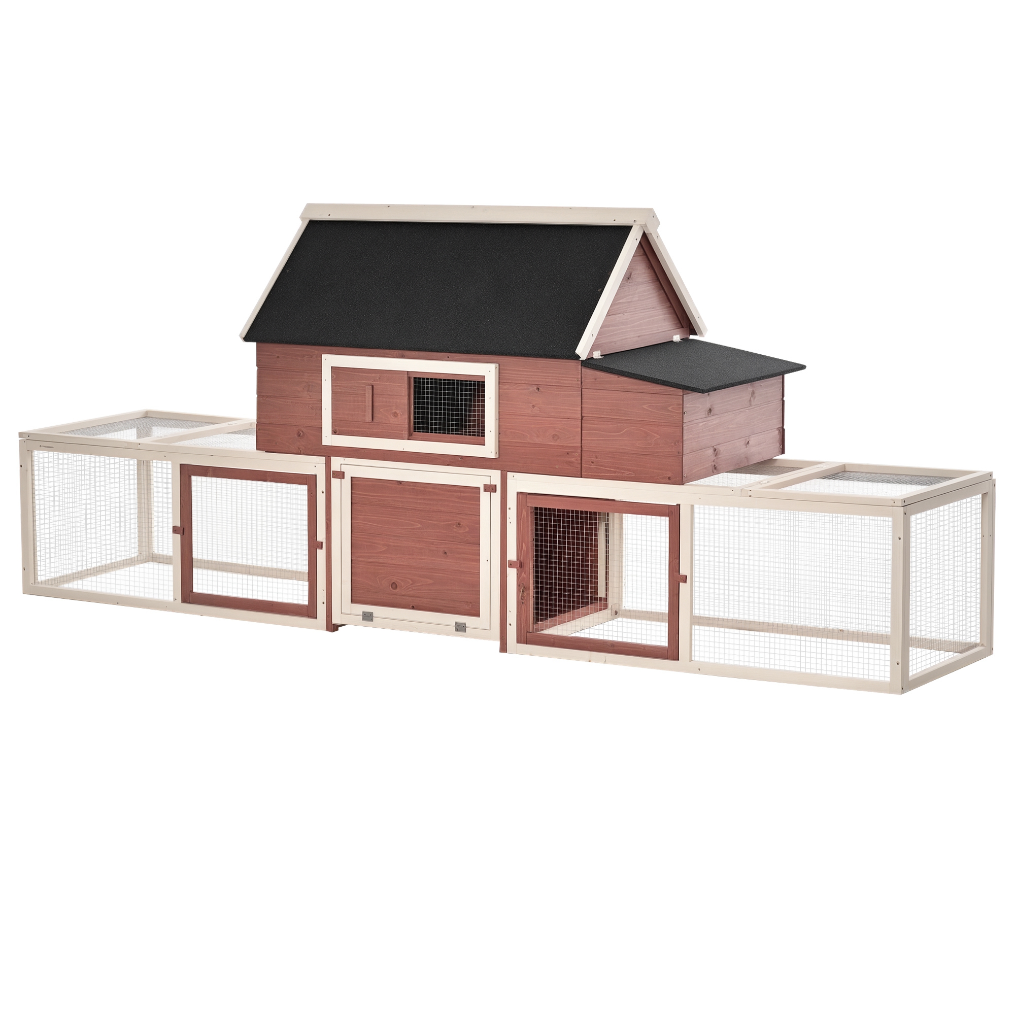 PawHut Wooden Chicken Coop, Outdoor Chicken Cage Poultry Hen House with Nesting Box, Double Runs, Asphalt Roof, Ramp