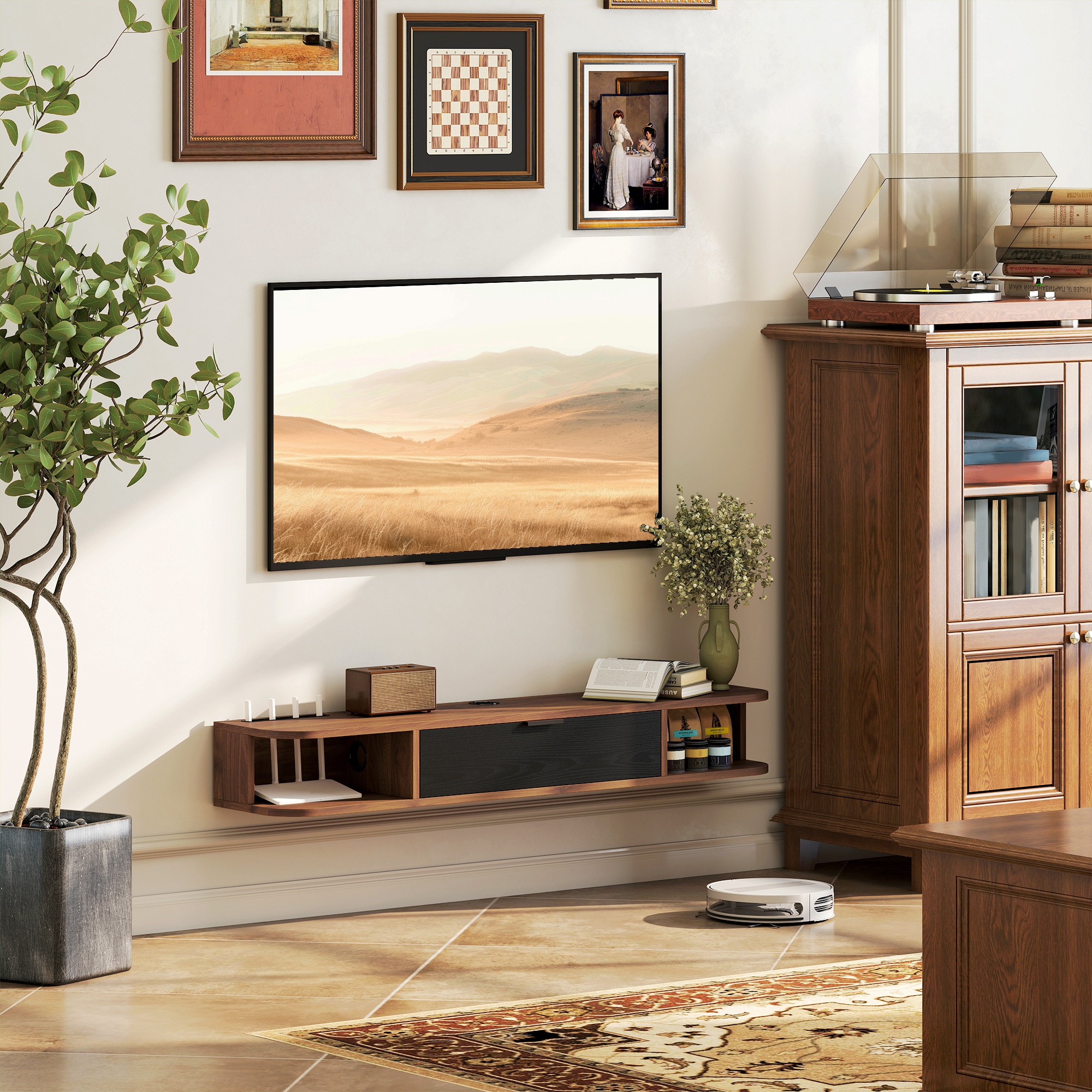 HOMCOM 47" Floating TV Stand for TVs up to 50 Inch, Wall Mounted Media Console with Flip Drawer and 2 Open Shelves, Walnut Aosom Canada