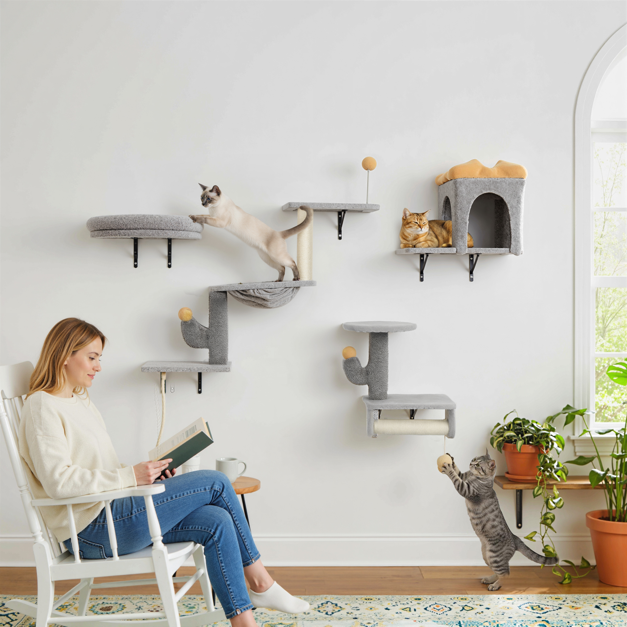 PawHut Cat Wall Shelves, 4 Pcs Cat Wall Furniture Set with Scratching Posts, Condo, Hammock, Perchs, Light Grey Aosom Canada