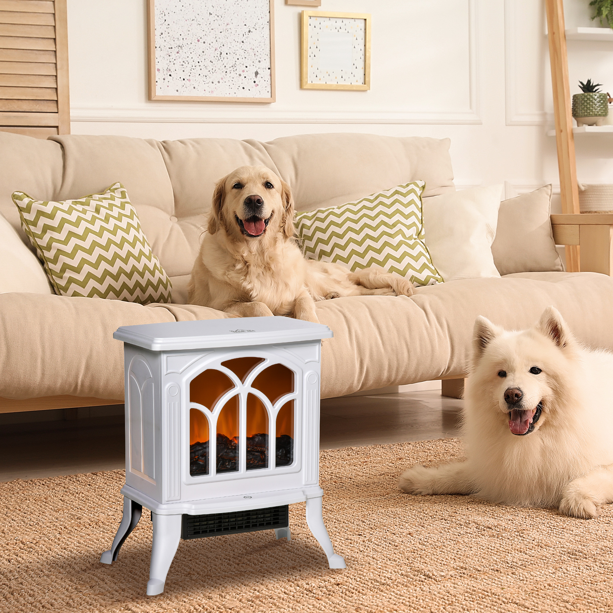 HOMCOM Electric Fireplace Heater, Freestanding Fireplace Stove with Realistic Flame, Overheat Protection, 750W/1500W, White Aosom Canada