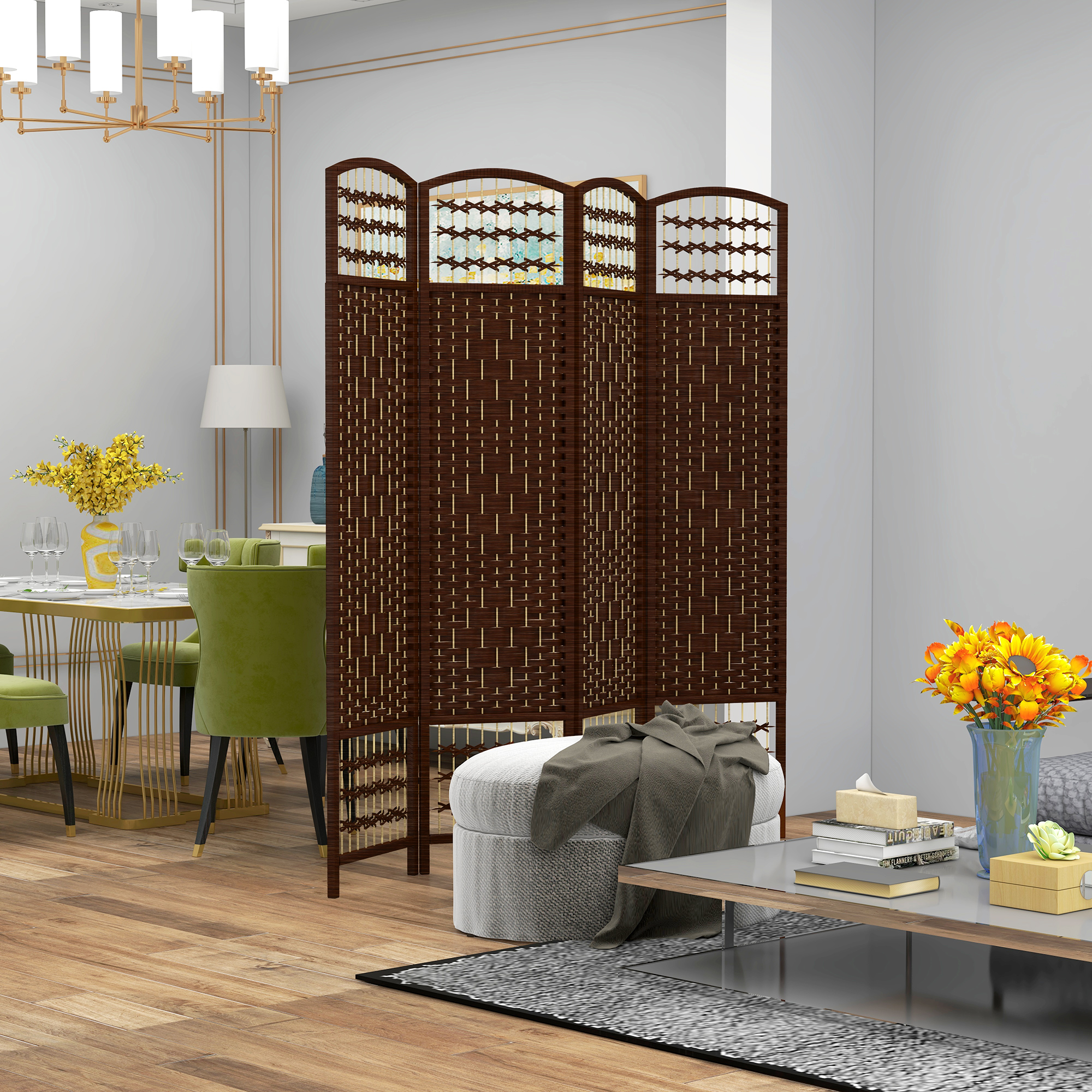 HOMCOM 4-Panel Folding Room Divider, Portable Privacy Screen, Wave Fiber Room Partition for Home Office, Brown Aosom Canada