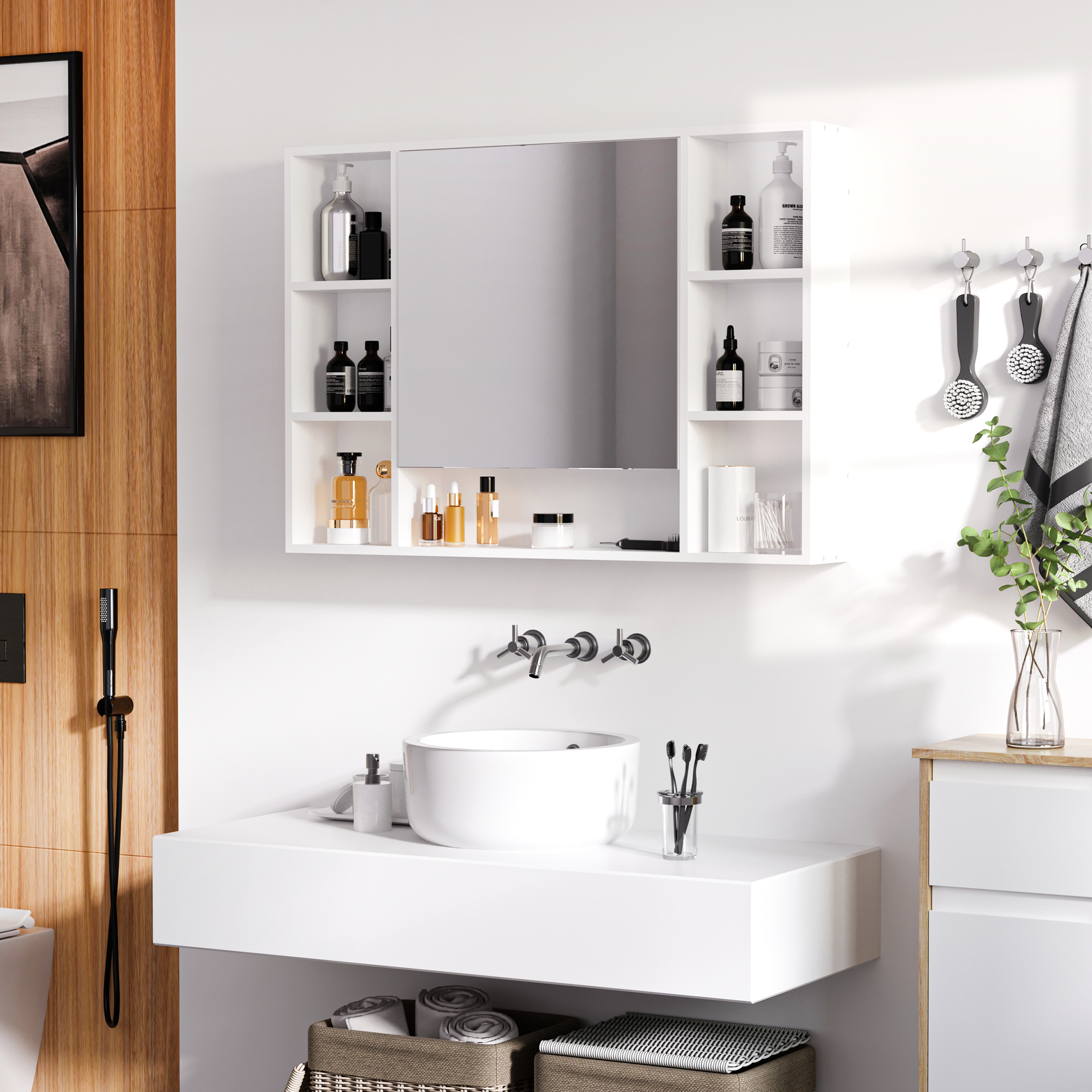 Kleankin White Wall Cabinet: 39.25"W x 27.5"H Mounted Bathroom Mirror Cabinet with Single Door Storage Aosom Canada