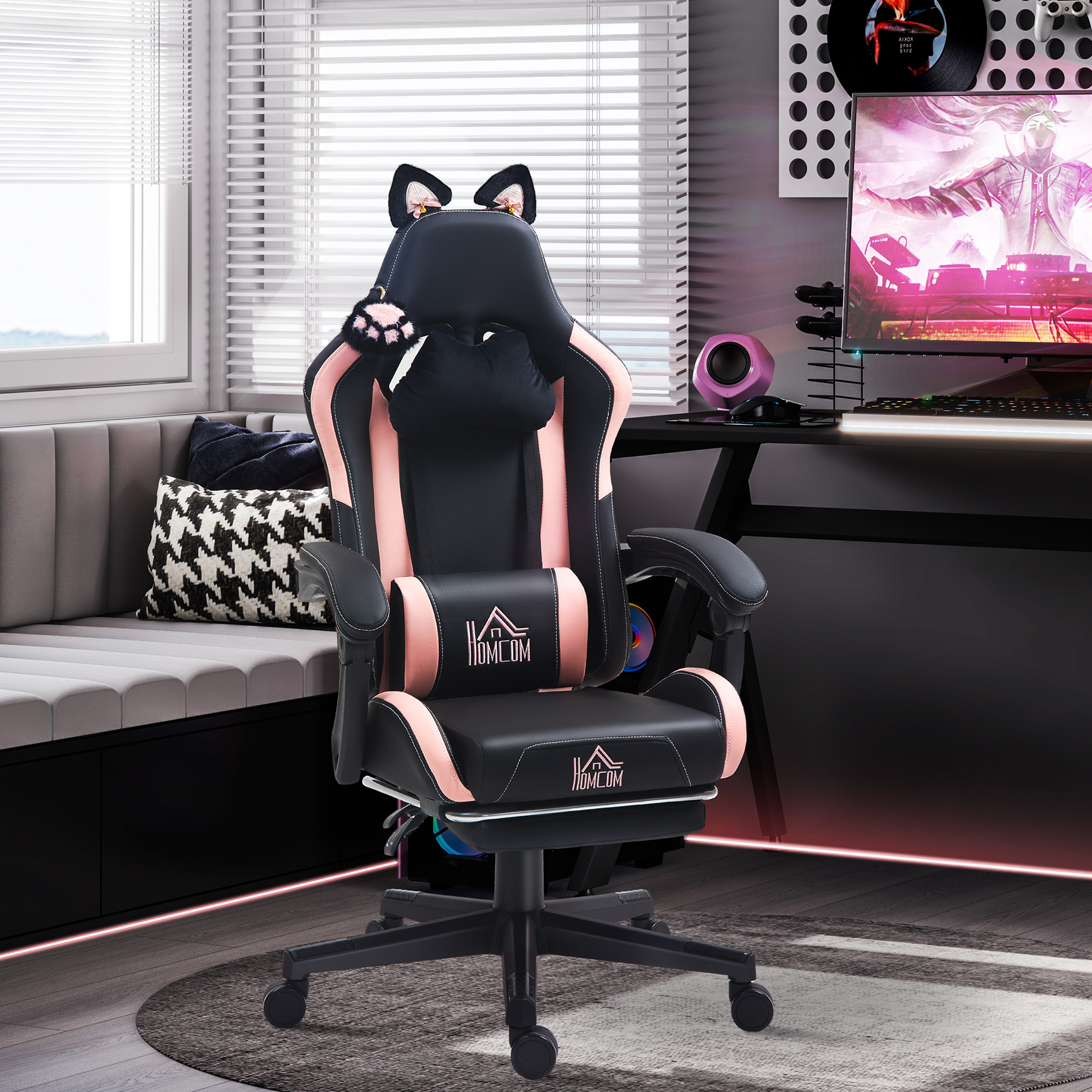 HOMCOM Faux Leather Video Game Chair with Cat Ears & Paw, Gaming Chair with Footrest, Headrest and Lumbar Support, Black&Pink Aosom Canada