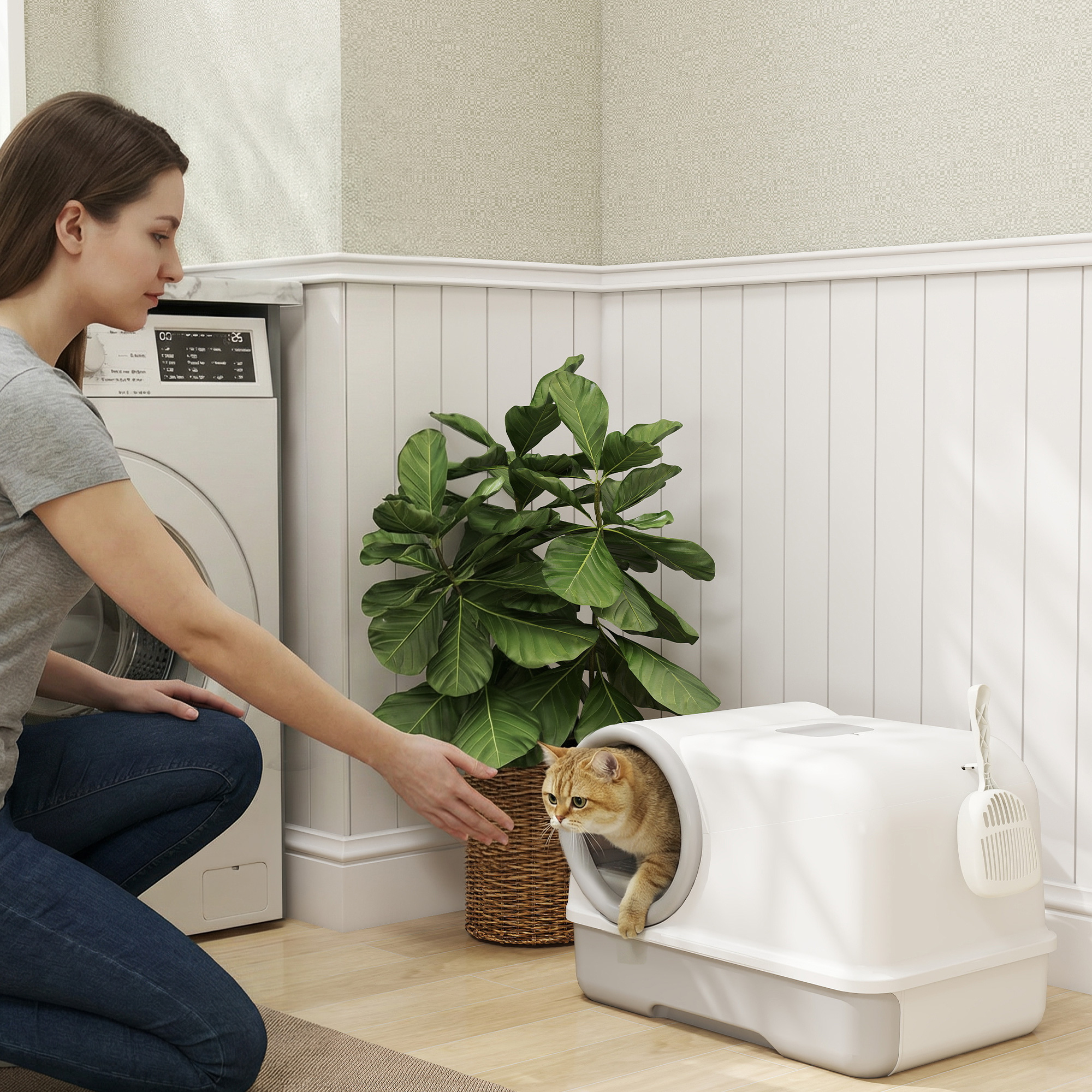 PawHut Cat Litter Box Easy Clean Drawer Odor Control Hooded Cat Litter Tray with Scoop White and Grey Aosom Canada